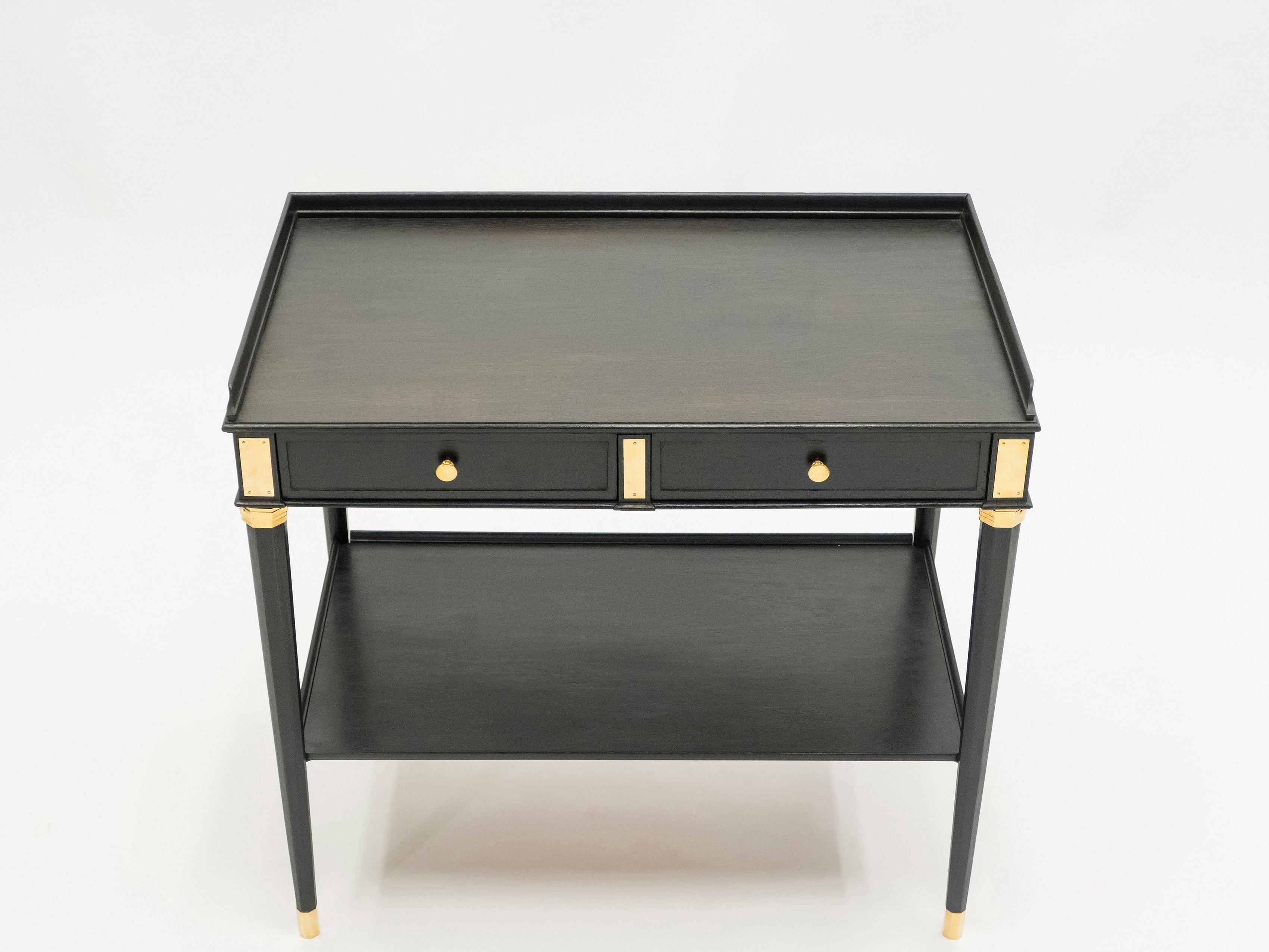 Rare Pair of stamped Maison Jansen black wood brass end tables 1950s