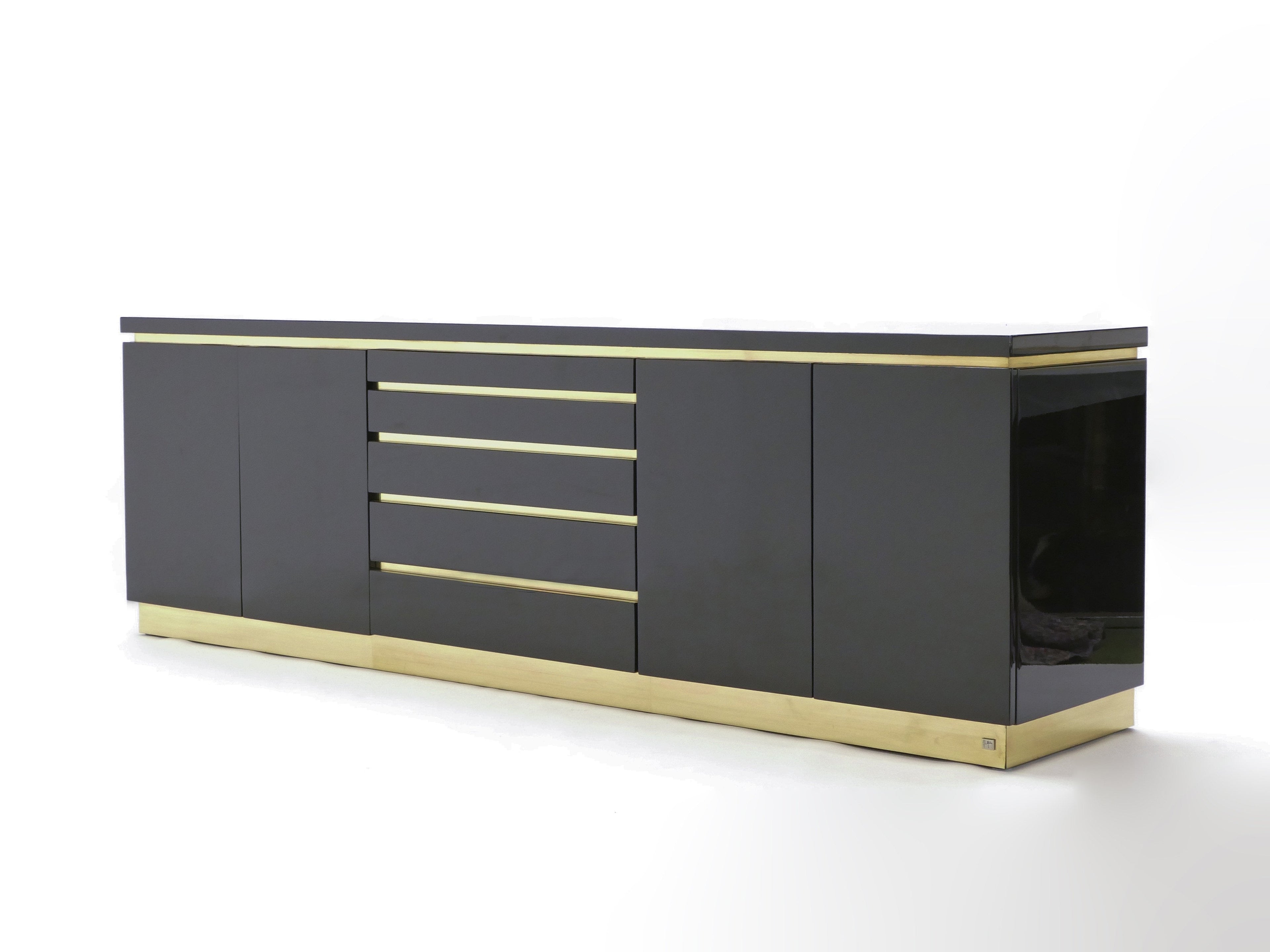 Large Signed J.C. Mahey brass black lacquered sideboard 1970s