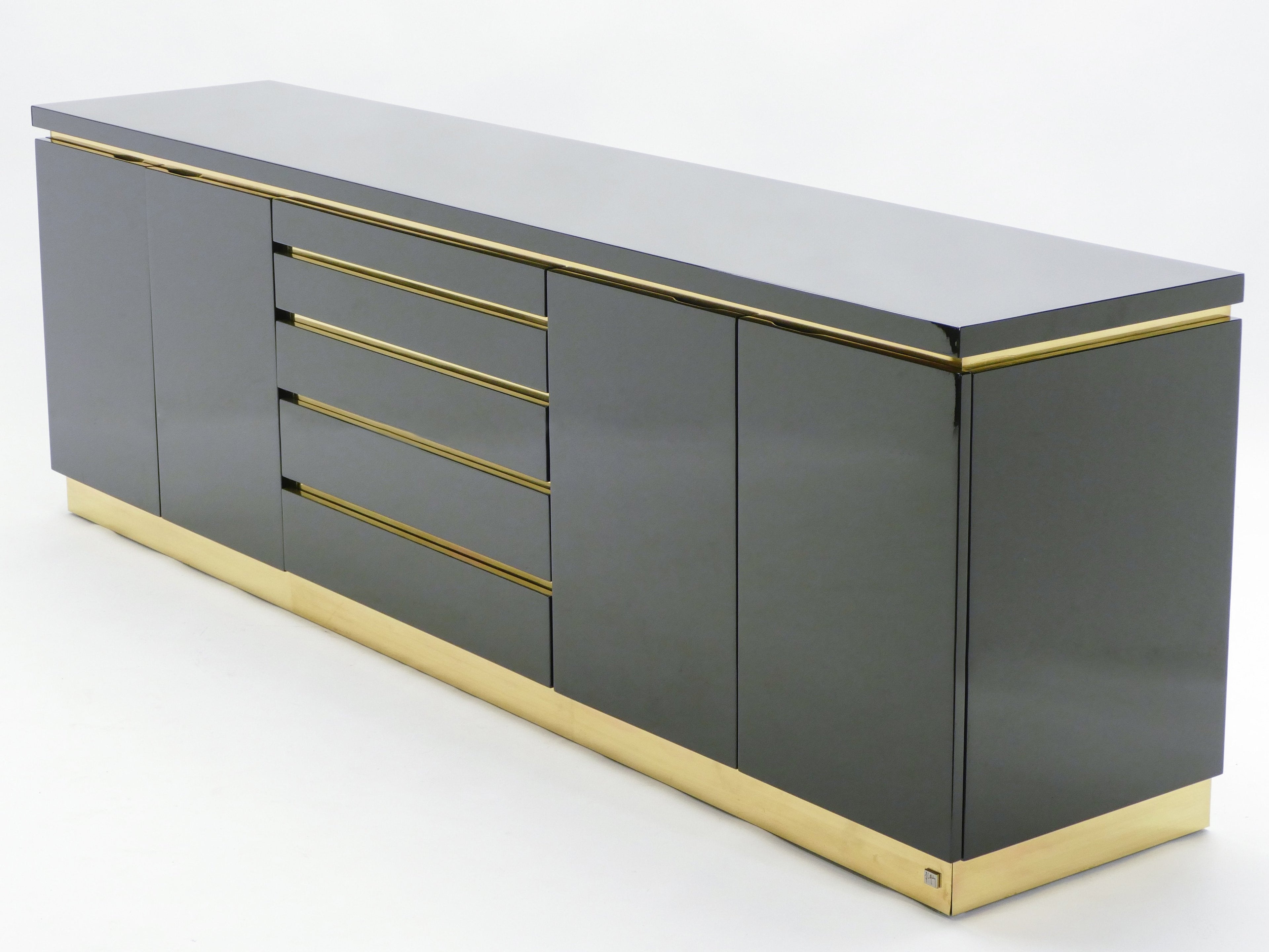Large Signed J.C. Mahey brass black lacquered sideboard 1970s