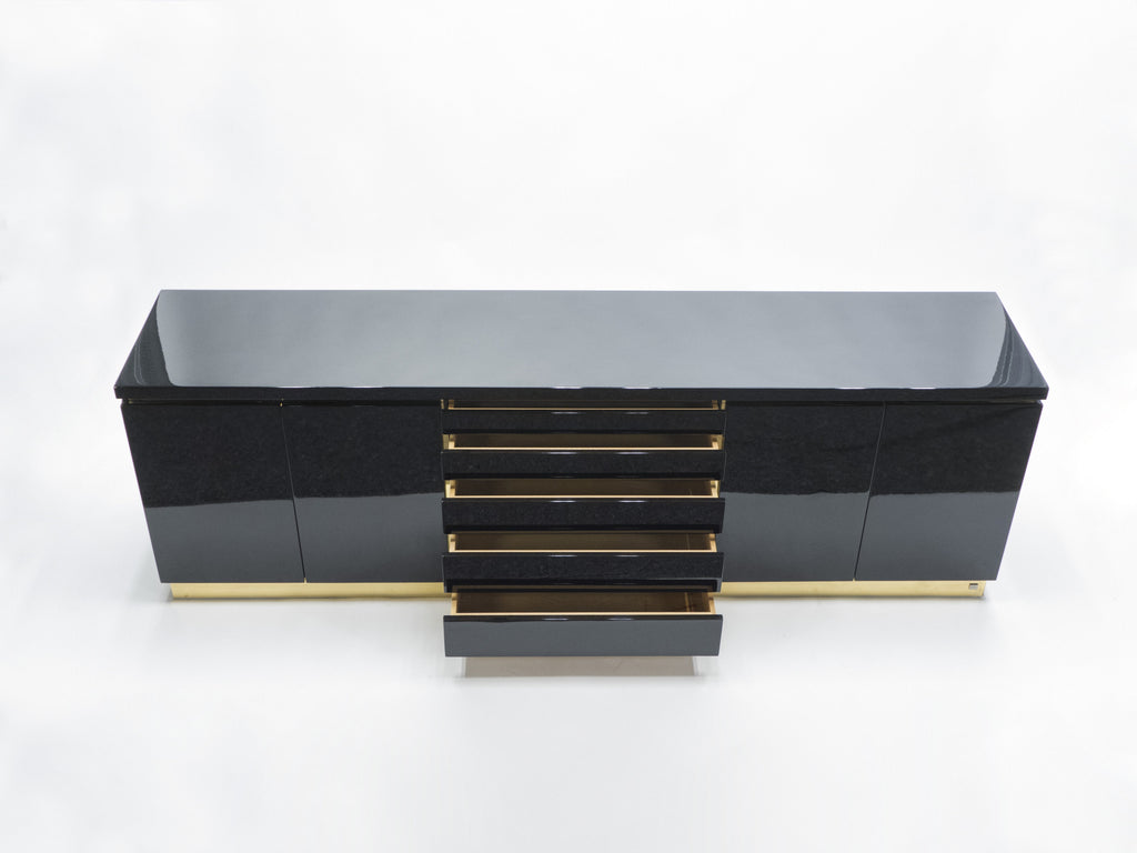 Large Signed J.C. Mahey brass black lacquered sideboard 1970s