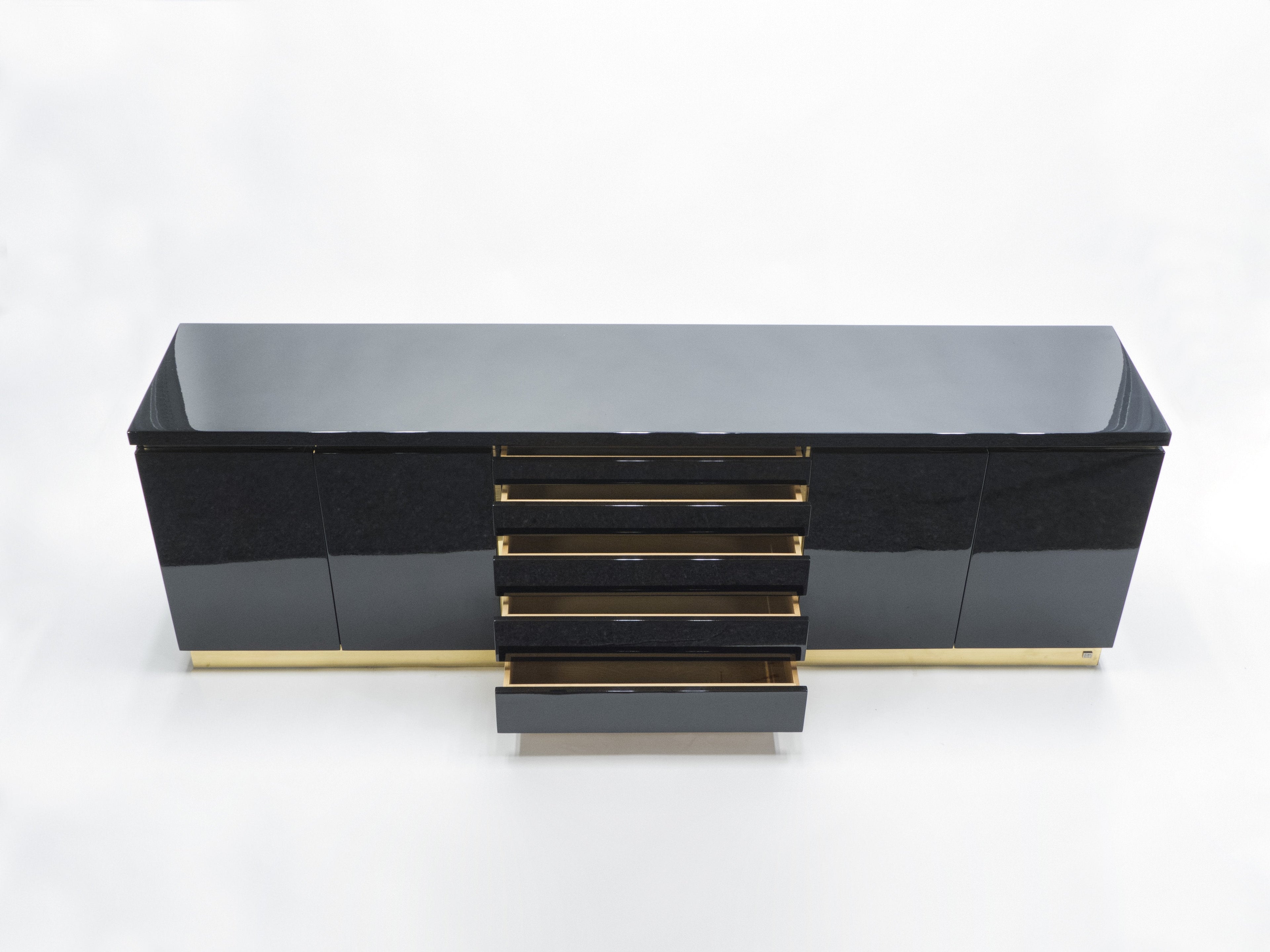 Large Signed J.C. Mahey brass black lacquered sideboard 1970s