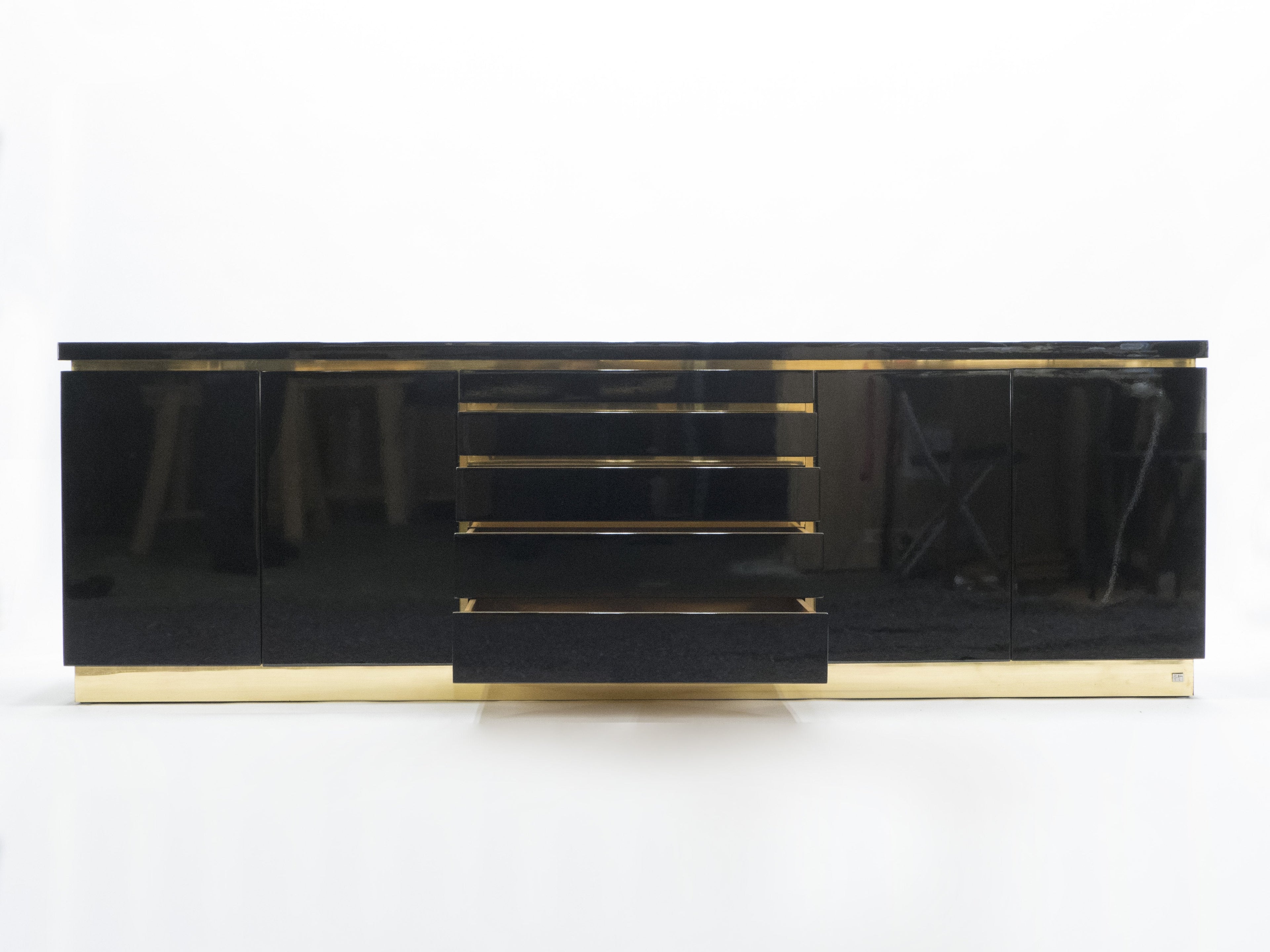 Large Signed J.C. Mahey brass black lacquered sideboard 1970s