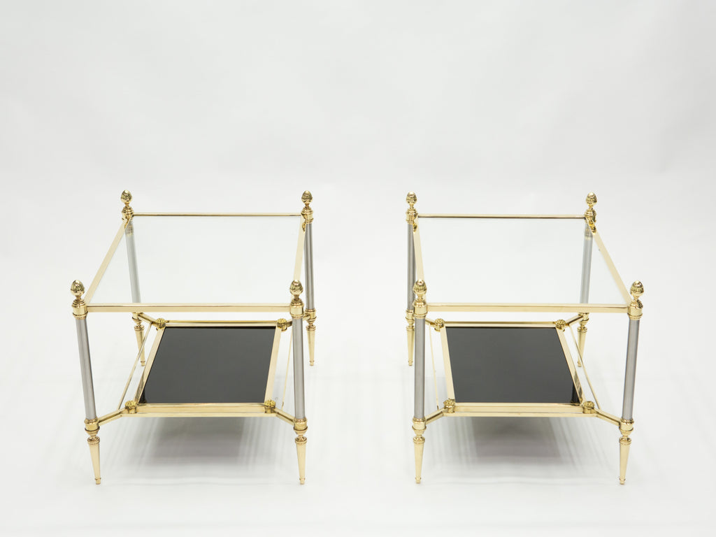 French two-tier Maison Jansen brass opaline glass end tables 1970s