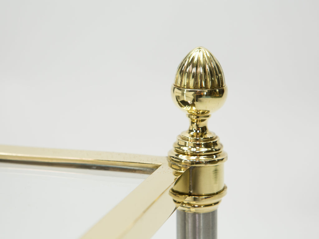 French two-tier Maison Jansen brass opaline glass end tables 1970s