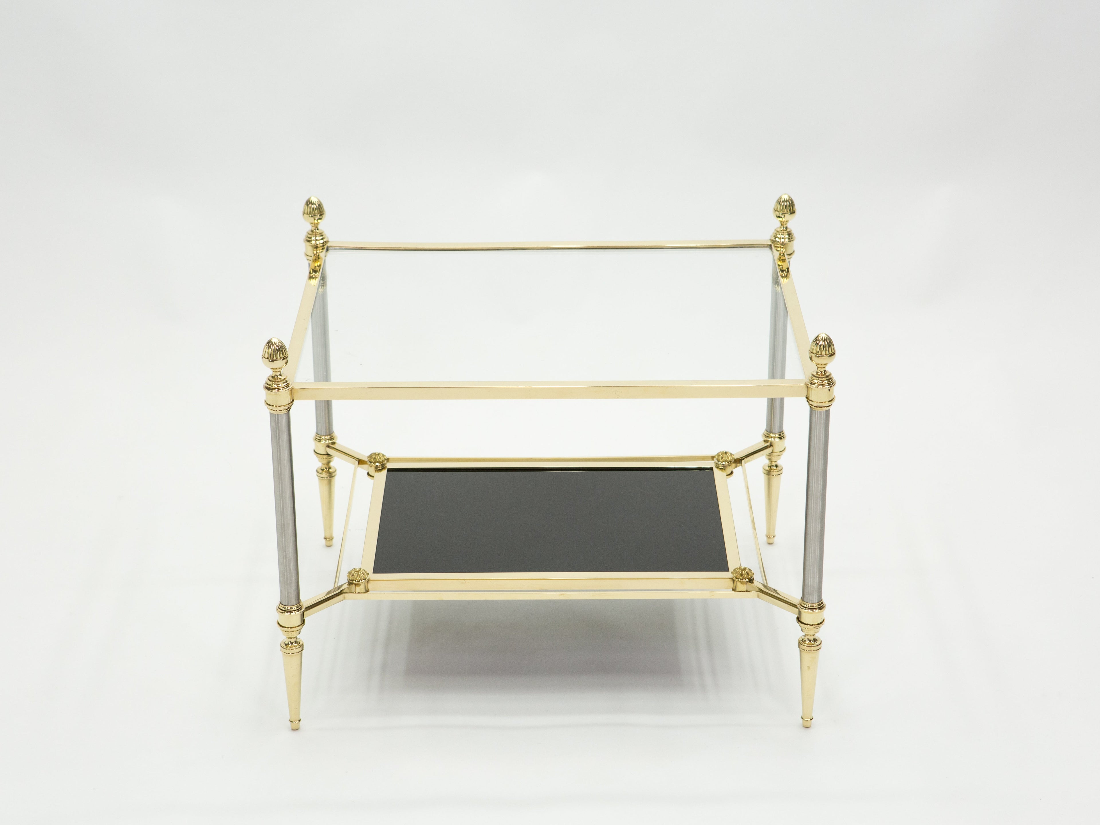 French two-tier Maison Jansen brass opaline glass end tables 1970s