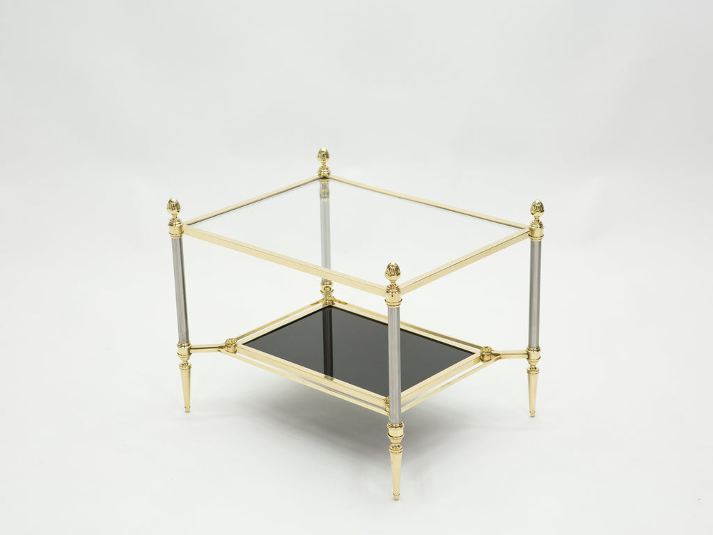 French two-tier Maison Jansen brass opaline glass end tables 1970s