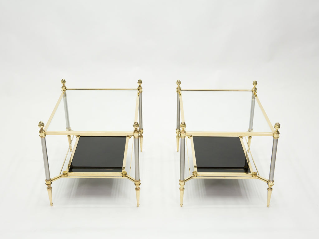 French two-tier Maison Jansen brass opaline glass end tables 1970s