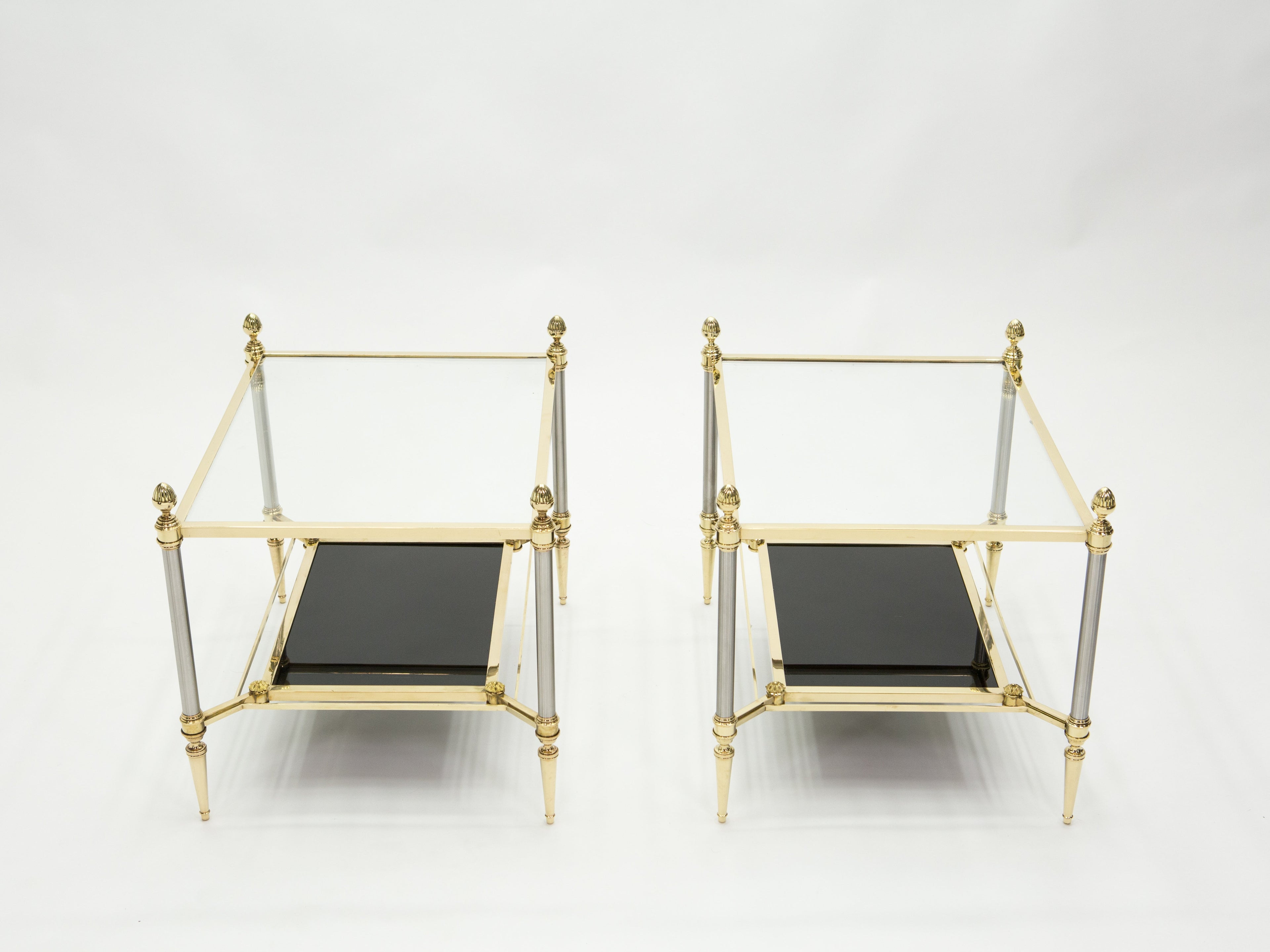 French two-tier Maison Jansen brass opaline glass end tables 1970s