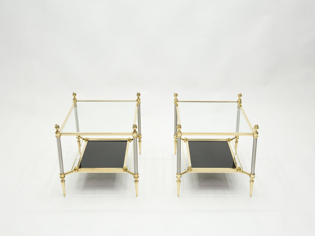 French two-tier Maison Jansen brass opaline glass end tables 1970s