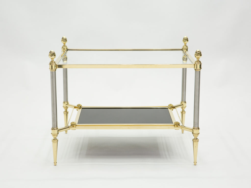 French two-tier Maison Jansen brass opaline glass end tables 1970s