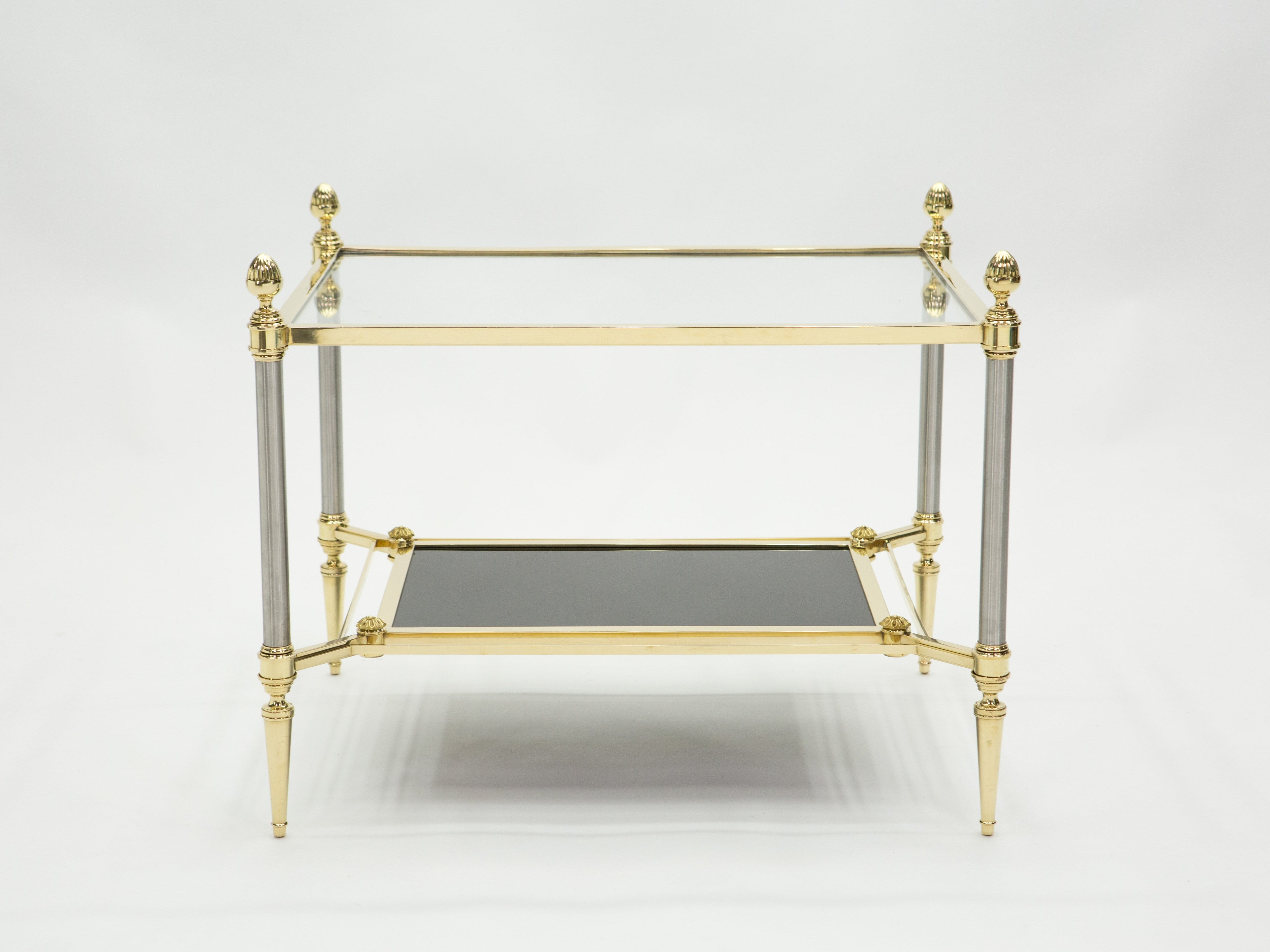 French two-tier Maison Jansen brass opaline glass end tables 1970s