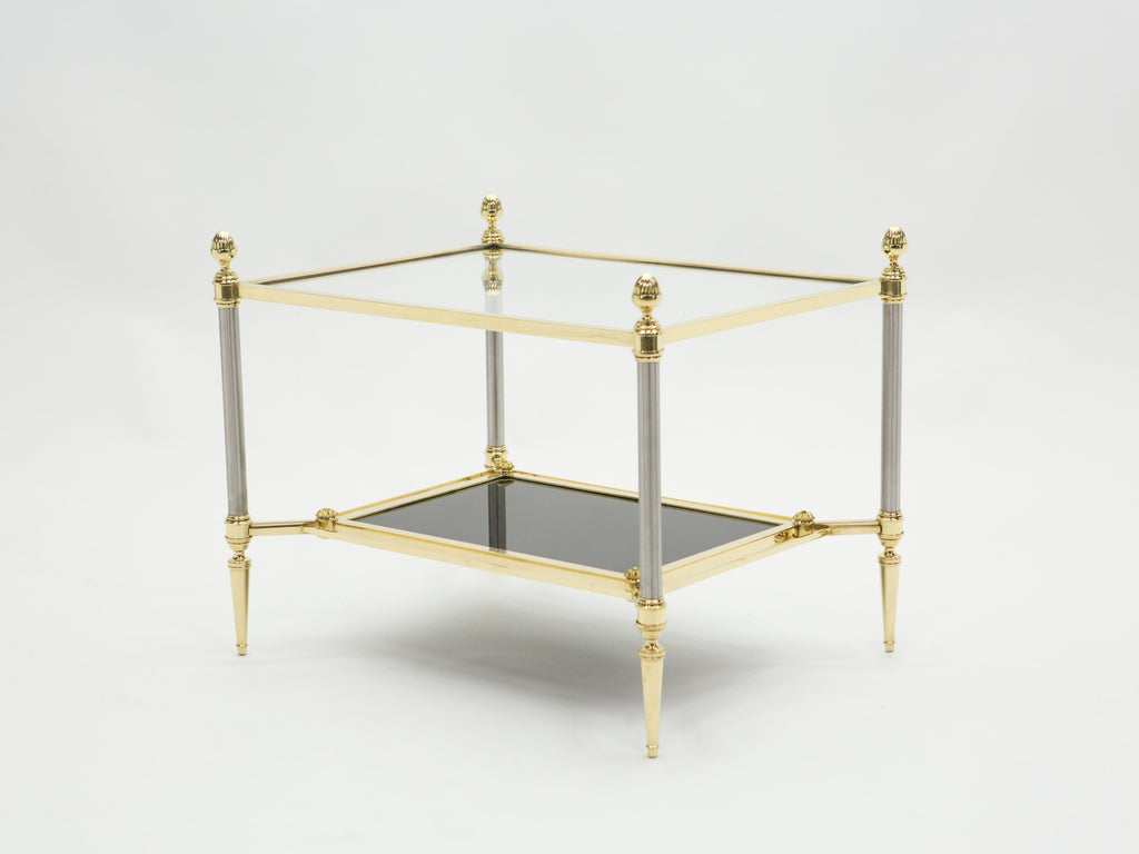 French two-tier Maison Jansen brass opaline glass end tables 1970s
