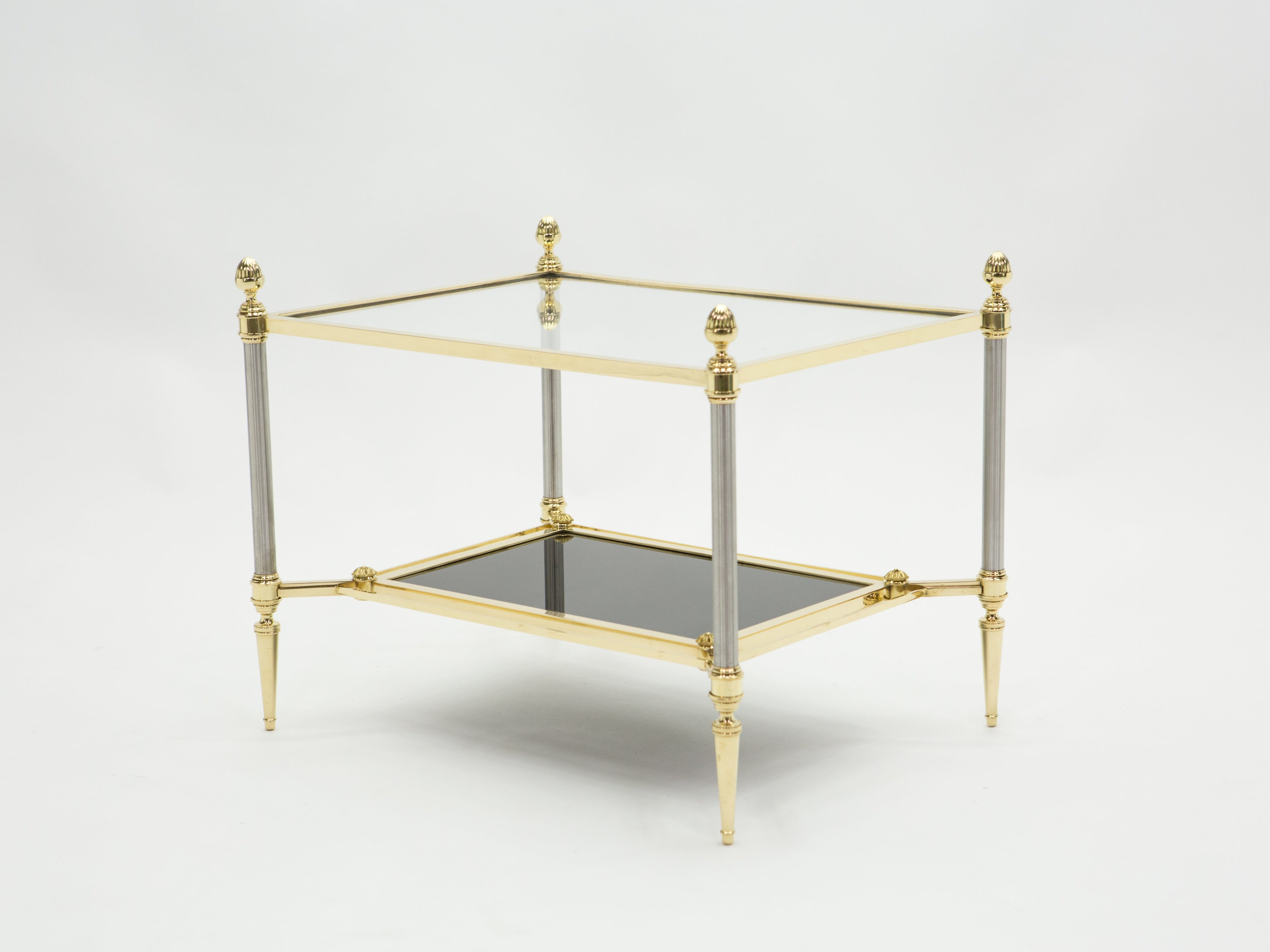 French two-tier Maison Jansen brass opaline glass end tables 1970s