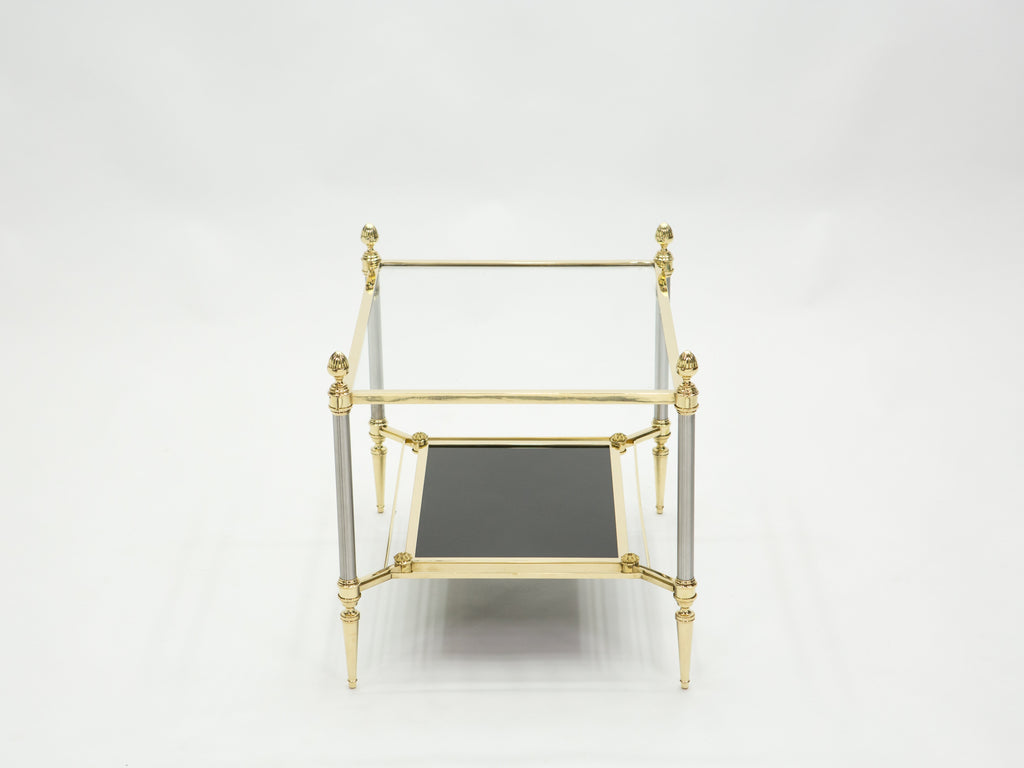 French two-tier Maison Jansen brass opaline glass end tables 1970s