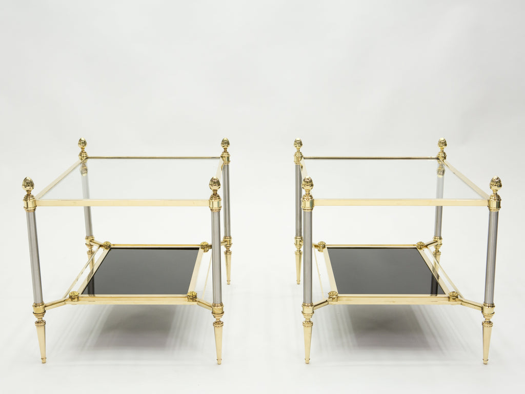 French two-tier Maison Jansen brass opaline glass end tables 1970s