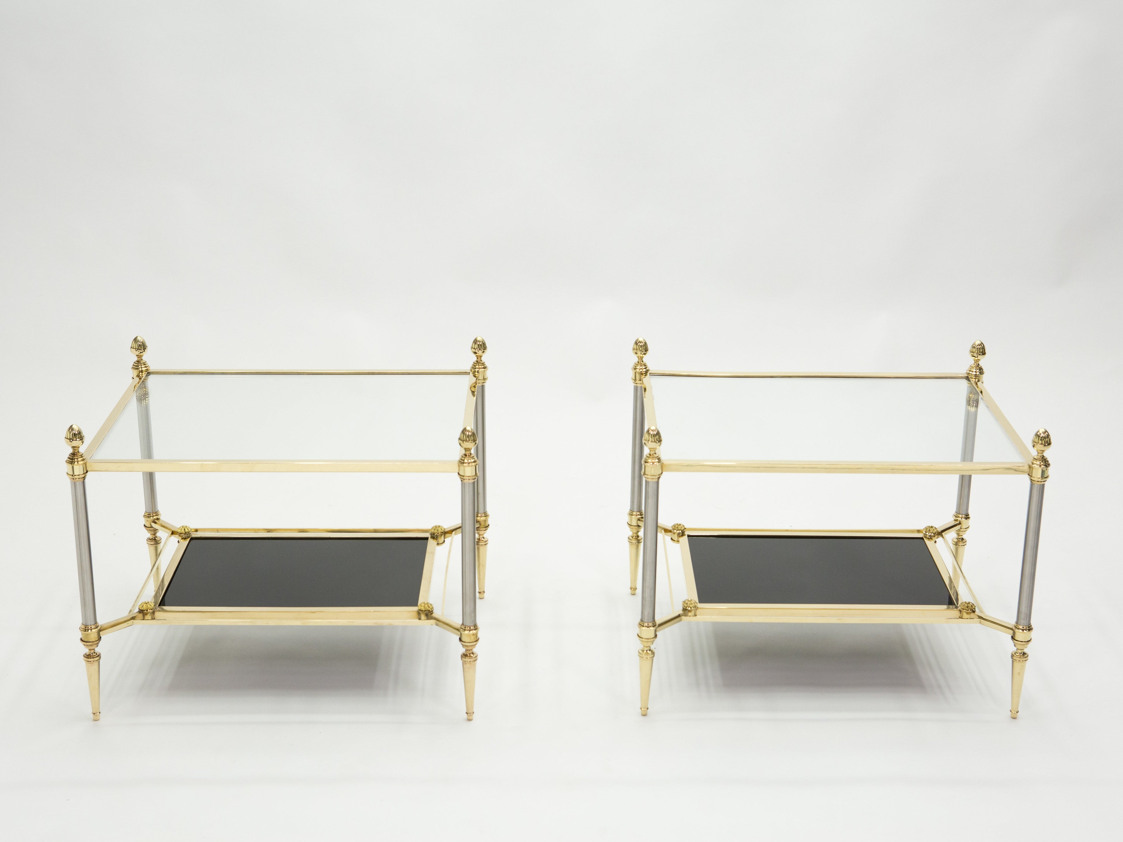 French two-tier Maison Jansen brass opaline glass end tables 1970s