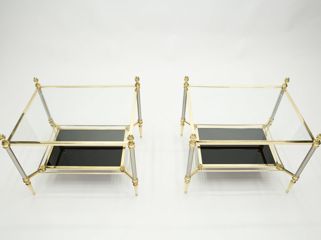 French two-tier Maison Jansen brass opaline glass end tables 1970s