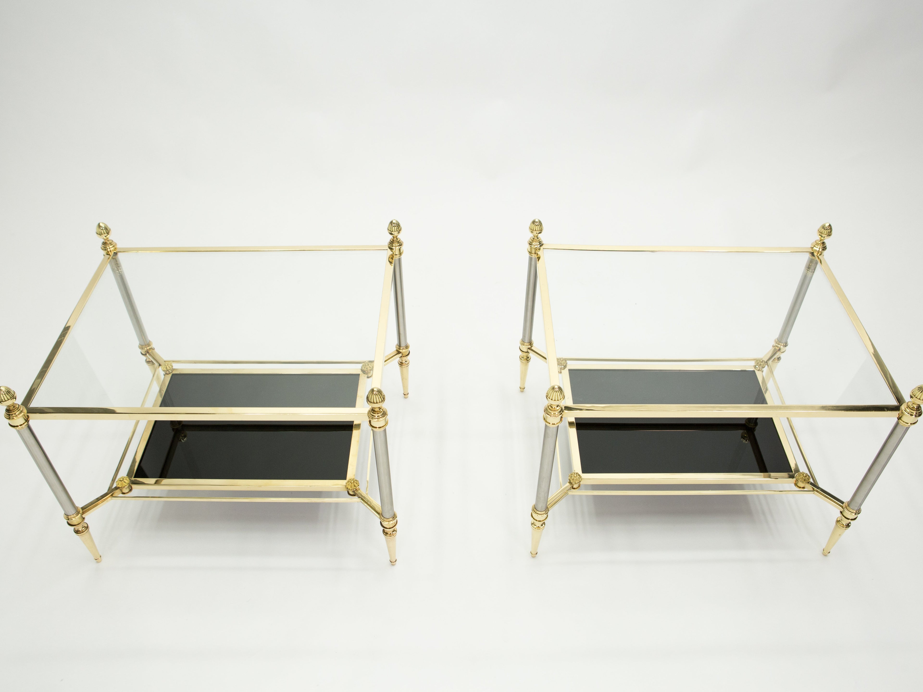 French two-tier Maison Jansen brass opaline glass end tables 1970s