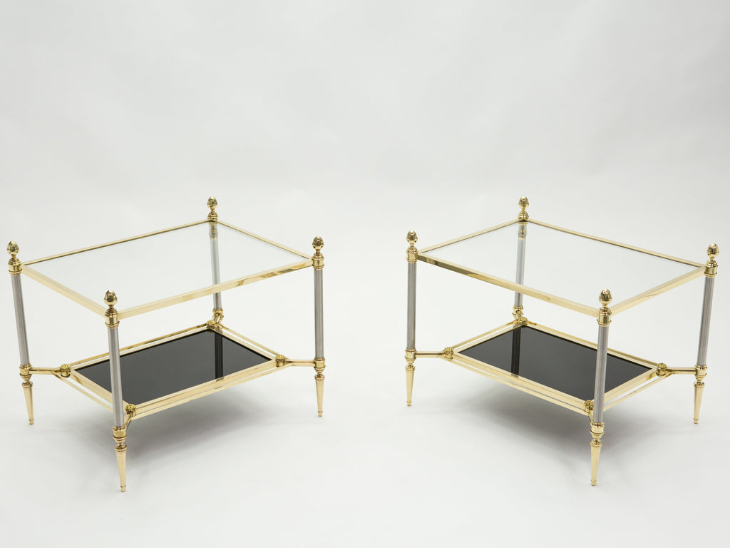 French two-tier Maison Jansen brass opaline glass end tables 1970s