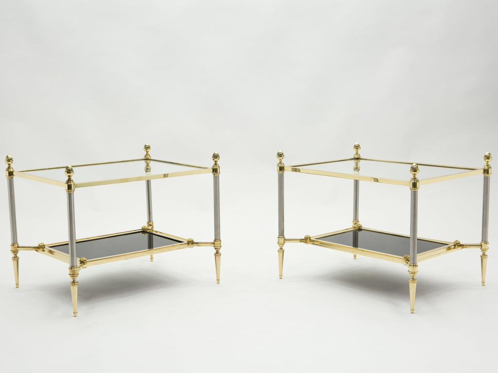 French two-tier Maison Jansen brass opaline glass end tables 1970s