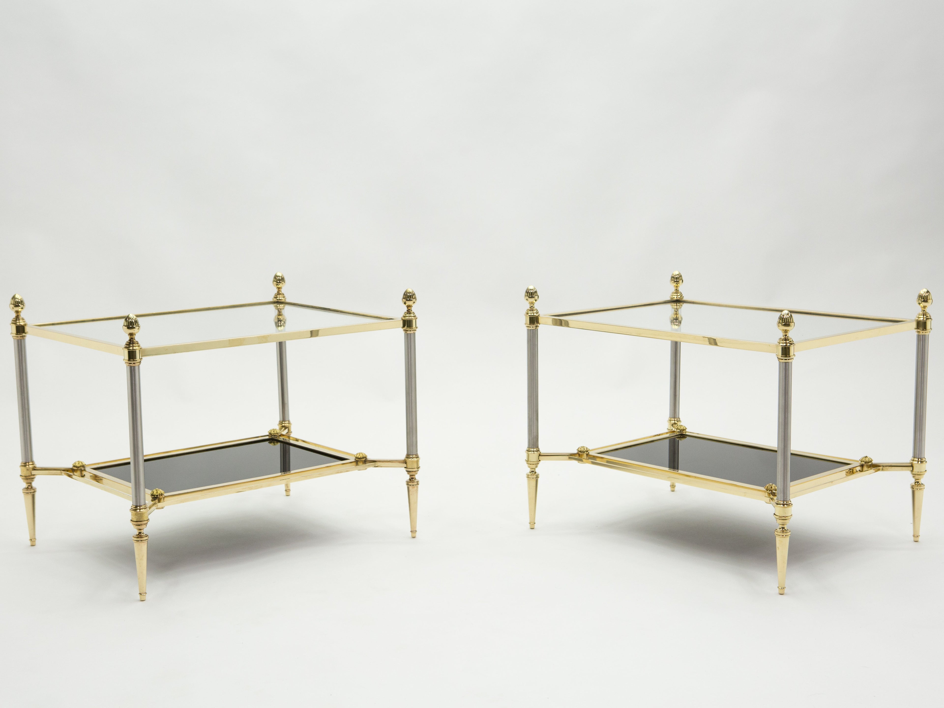 French two-tier Maison Jansen brass opaline glass end tables 1970s