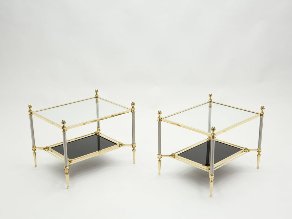 French two-tier Maison Jansen brass opaline glass end tables 1970s