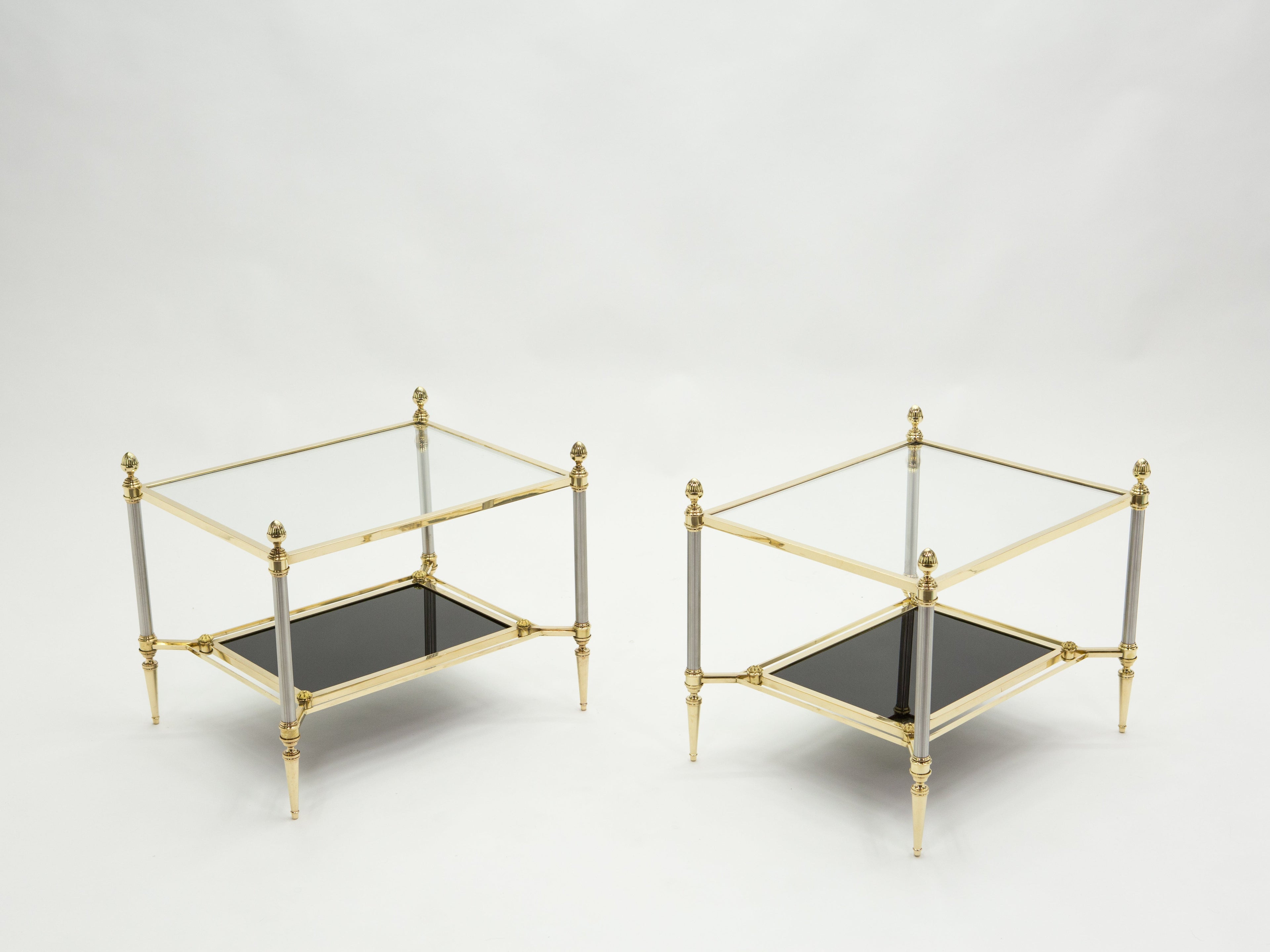 French two-tier Maison Jansen brass opaline glass end tables 1970s