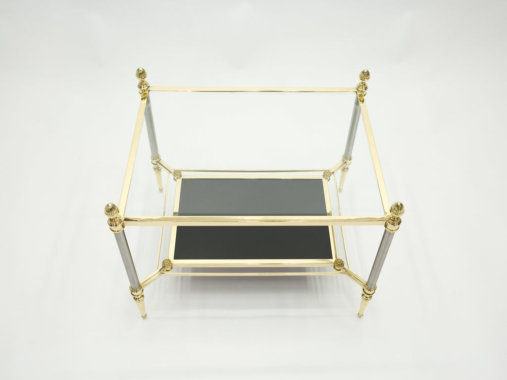 French two-tier Maison Jansen brass opaline glass end tables 1970s