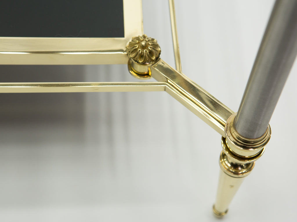 French two-tier Maison Jansen brass opaline glass end tables 1970s