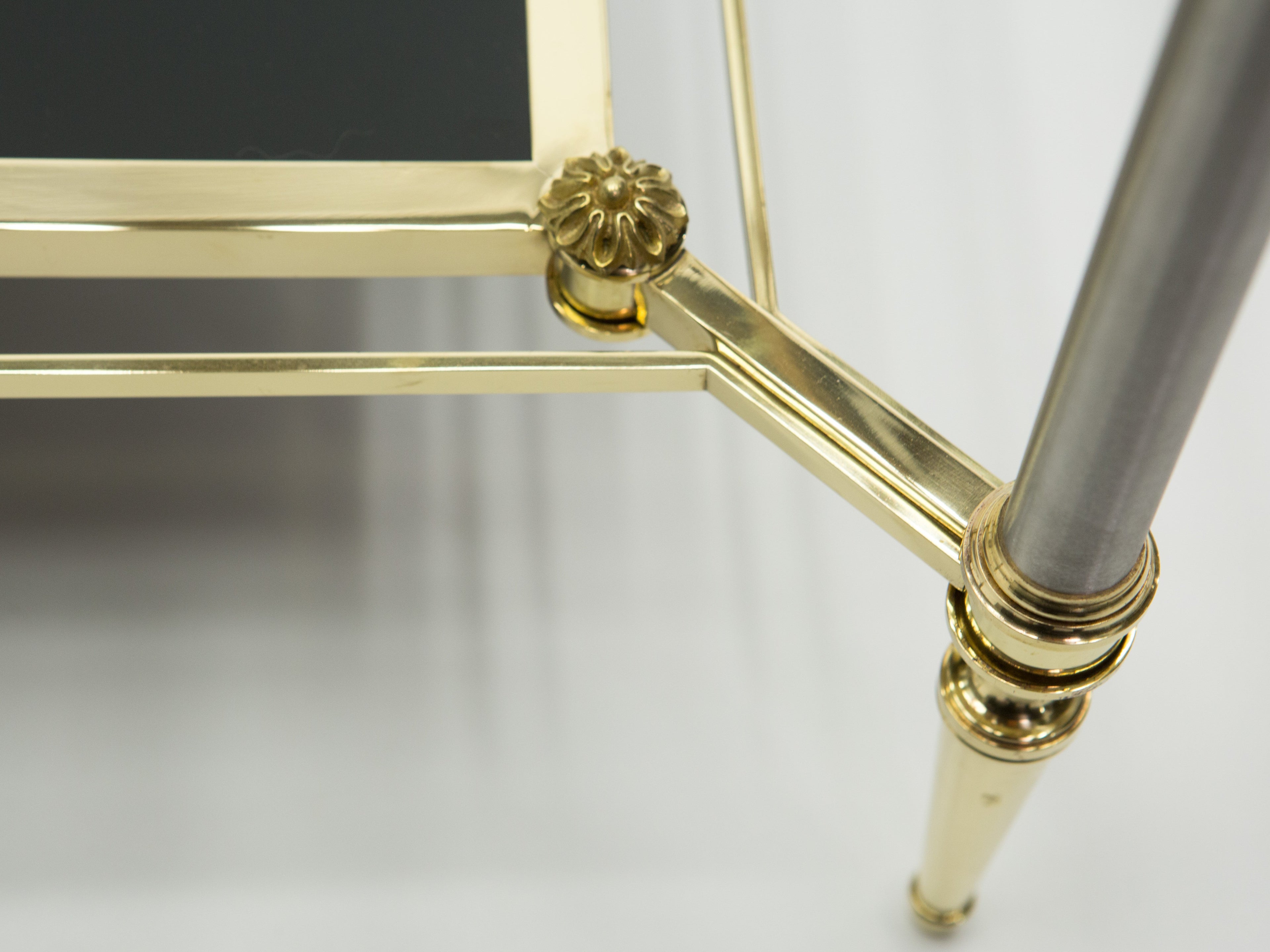 French two-tier Maison Jansen brass opaline glass end tables 1970s