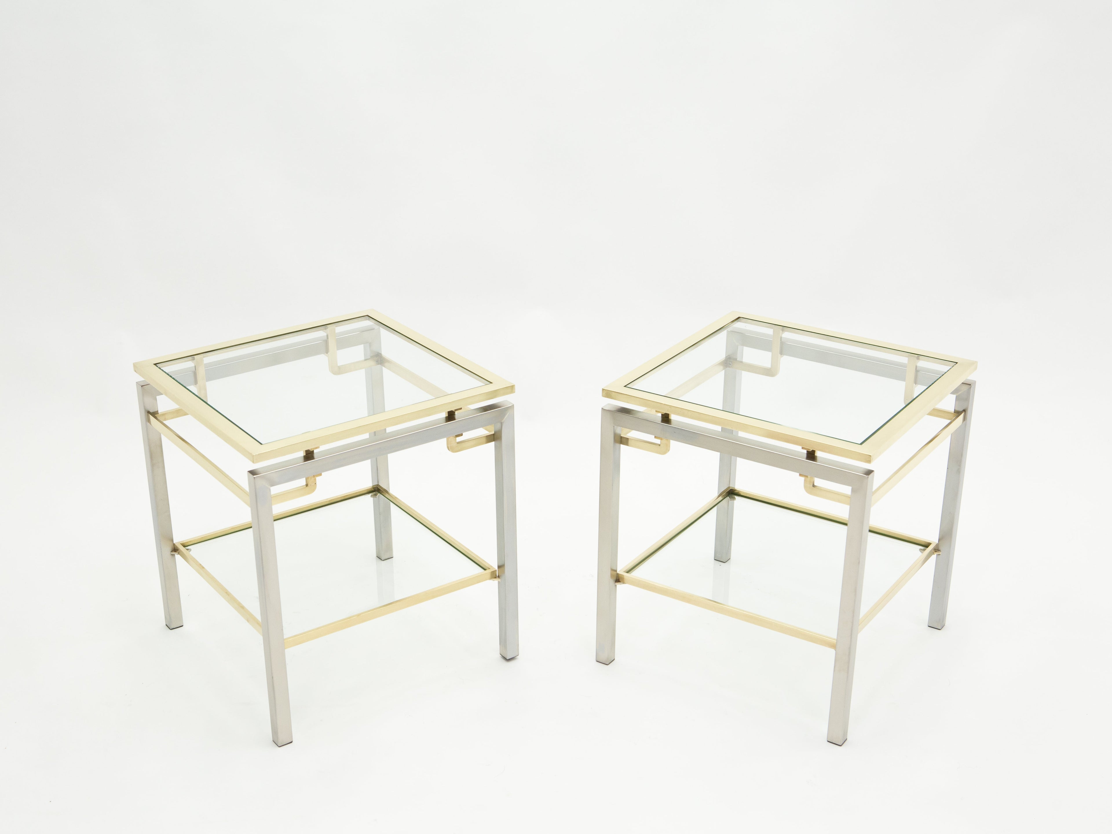 French Brass steel two-tier end tables Guy Lefevre for Maison Jansen 1970s