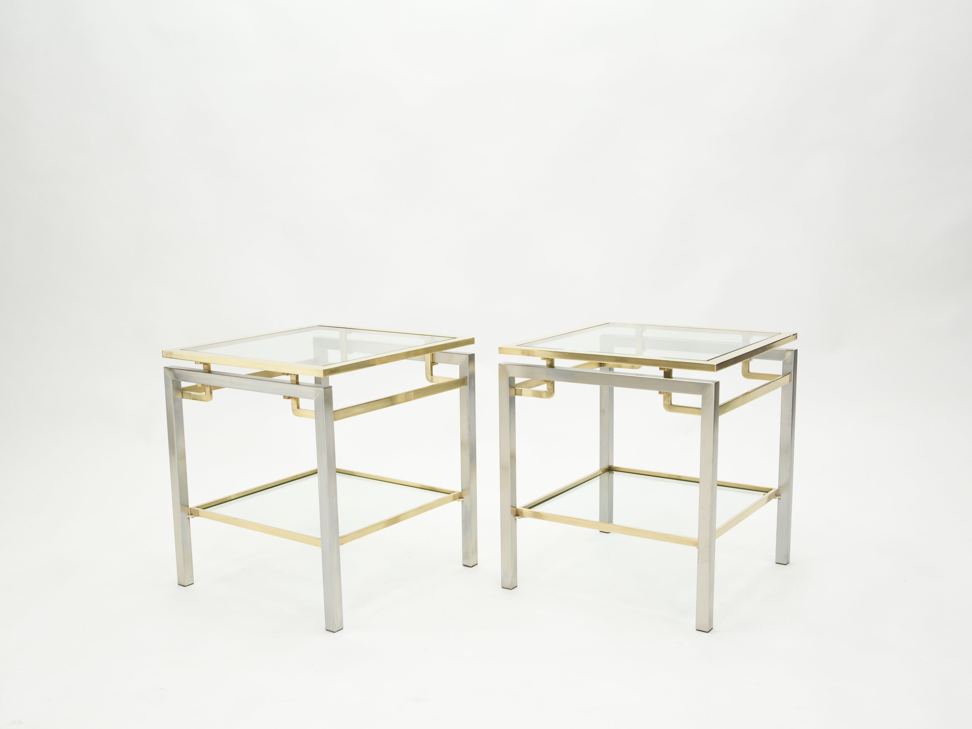 French Brass steel two-tier end tables Guy Lefevre for Maison Jansen 1970s