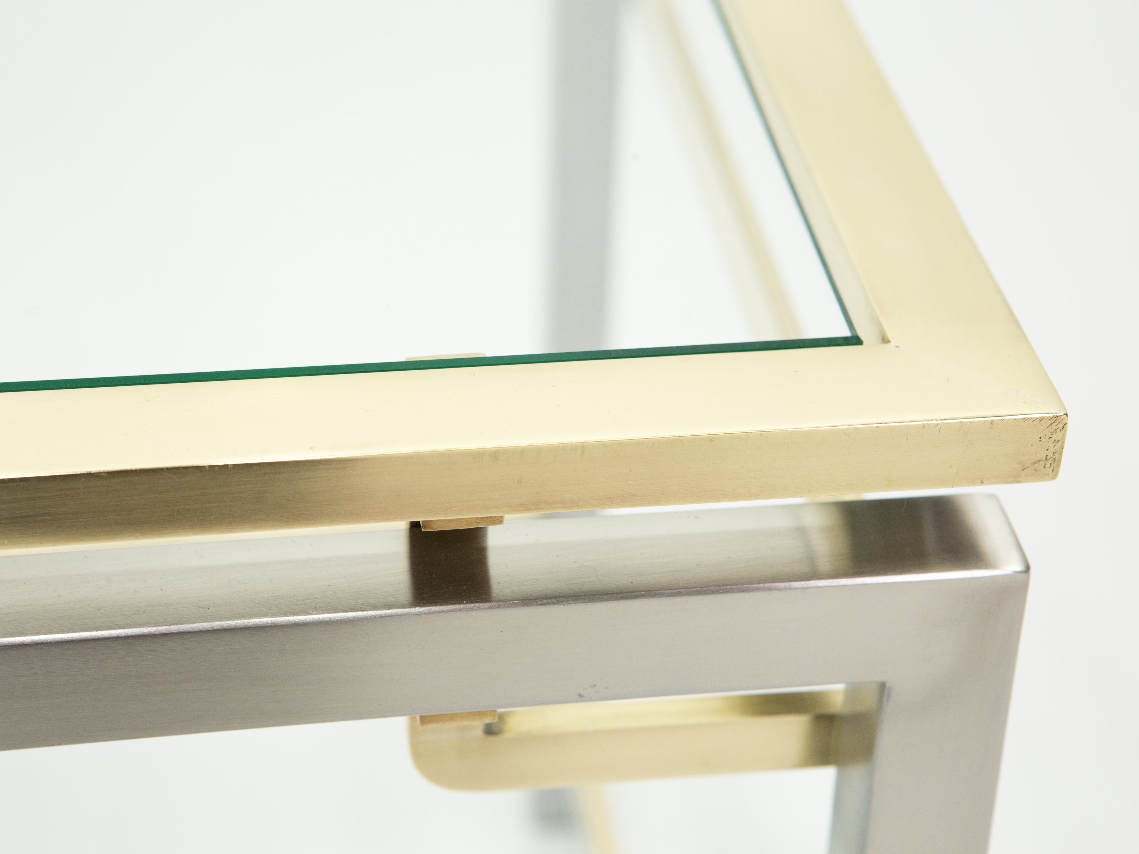 French Brass steel two-tier end tables Guy Lefevre for Maison Jansen 1970s