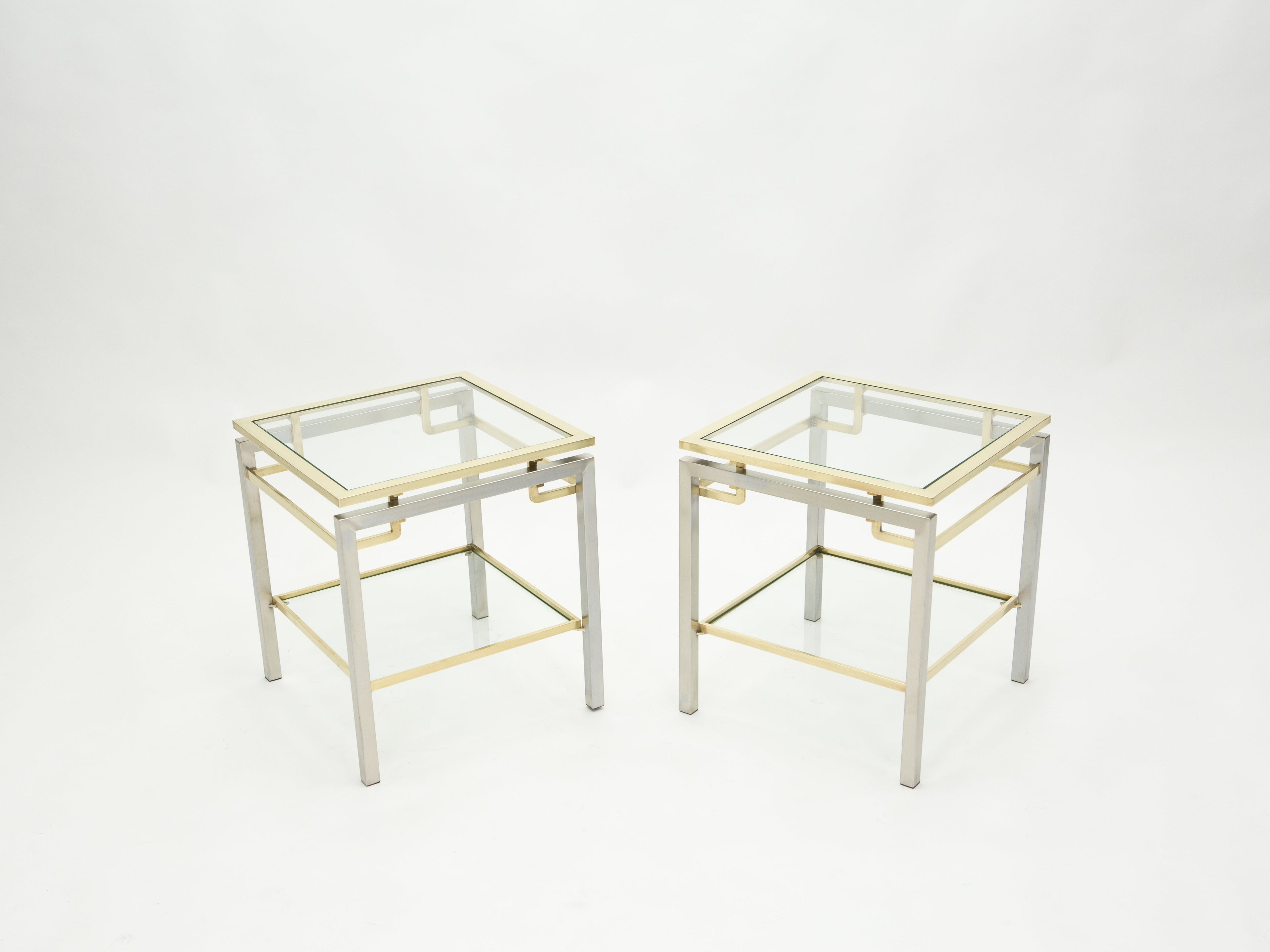French Brass steel two-tier end tables Guy Lefevre for Maison Jansen 1970s