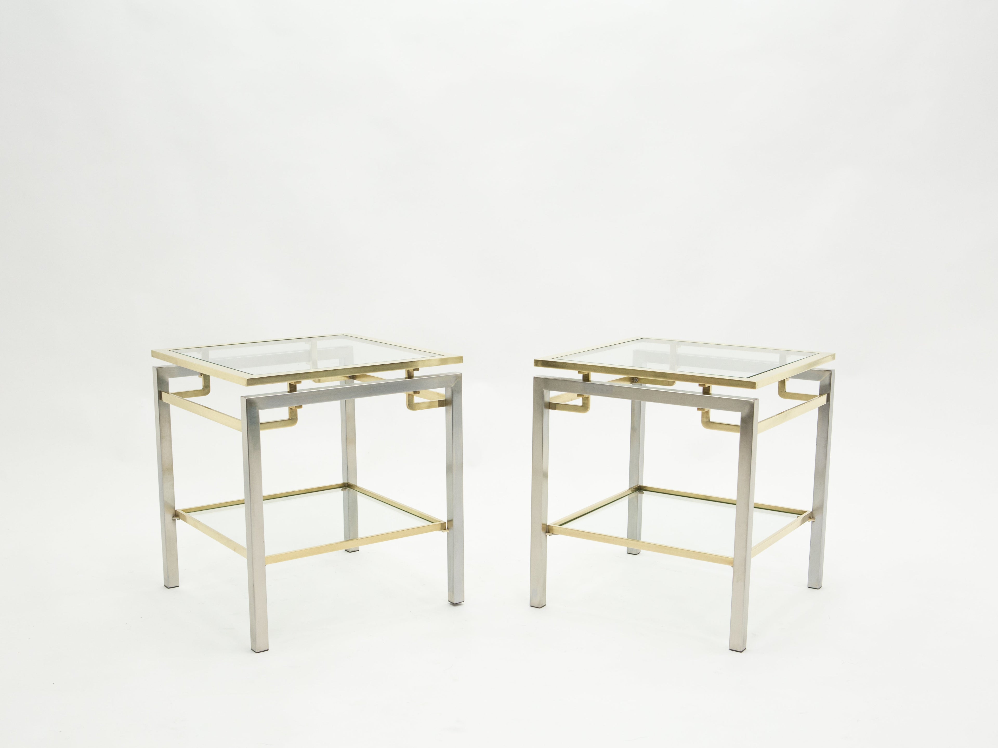 French Brass steel two-tier end tables Guy Lefevre for Maison Jansen 1970s