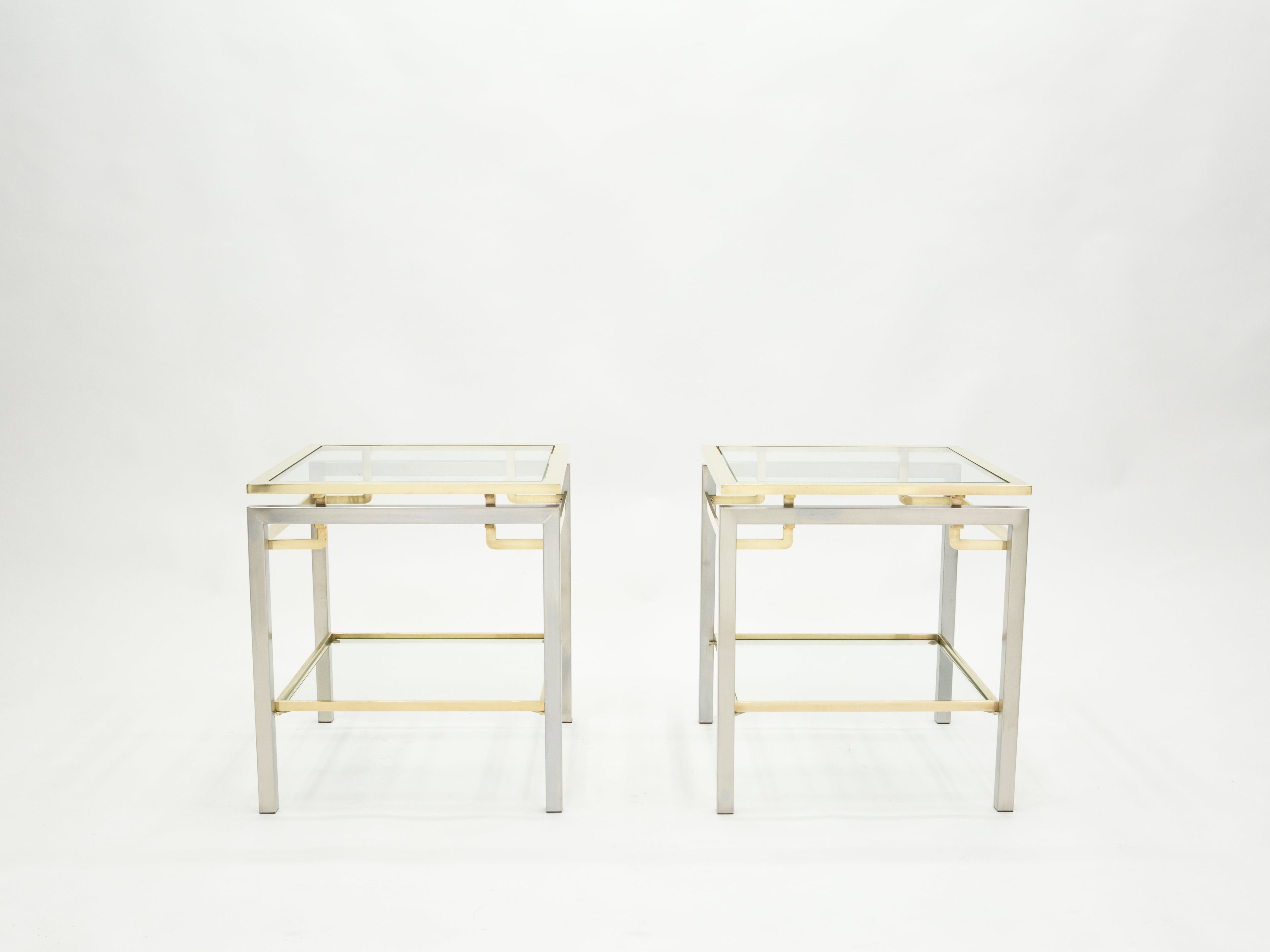 French Brass steel two-tier end tables Guy Lefevre for Maison Jansen 1970s