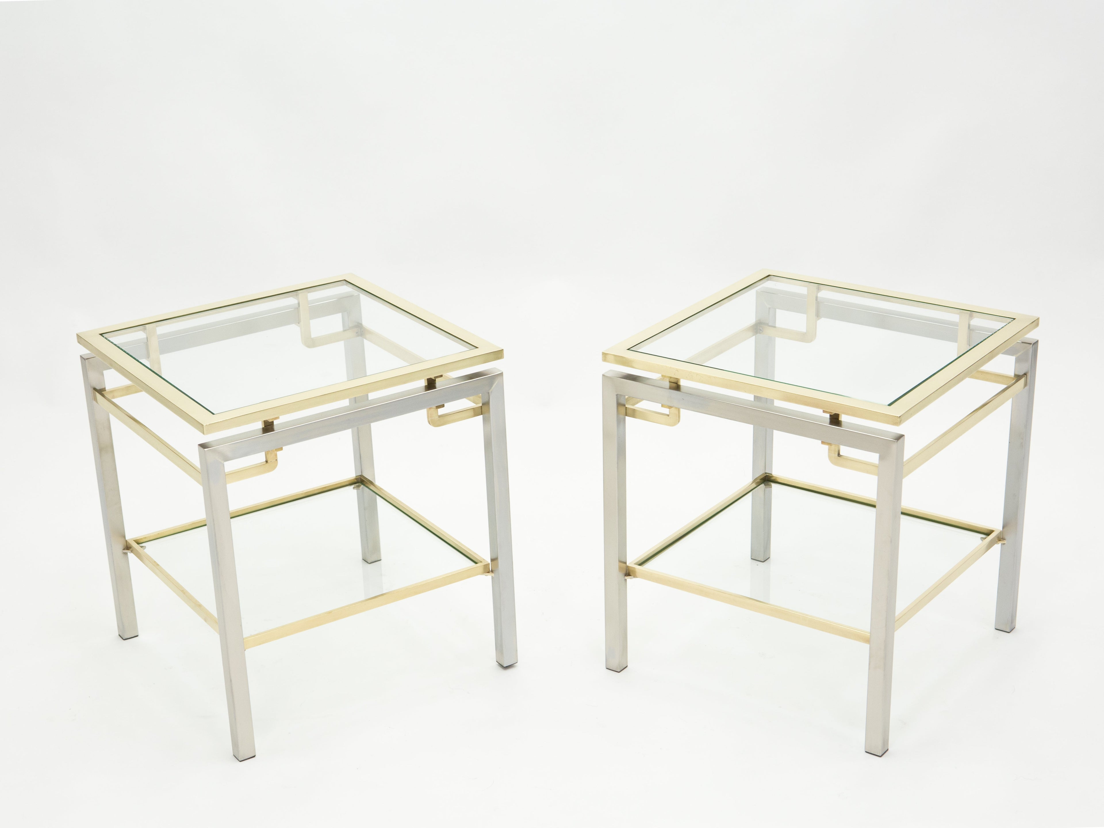 French Brass steel two-tier end tables Guy Lefevre for Maison Jansen 1970s