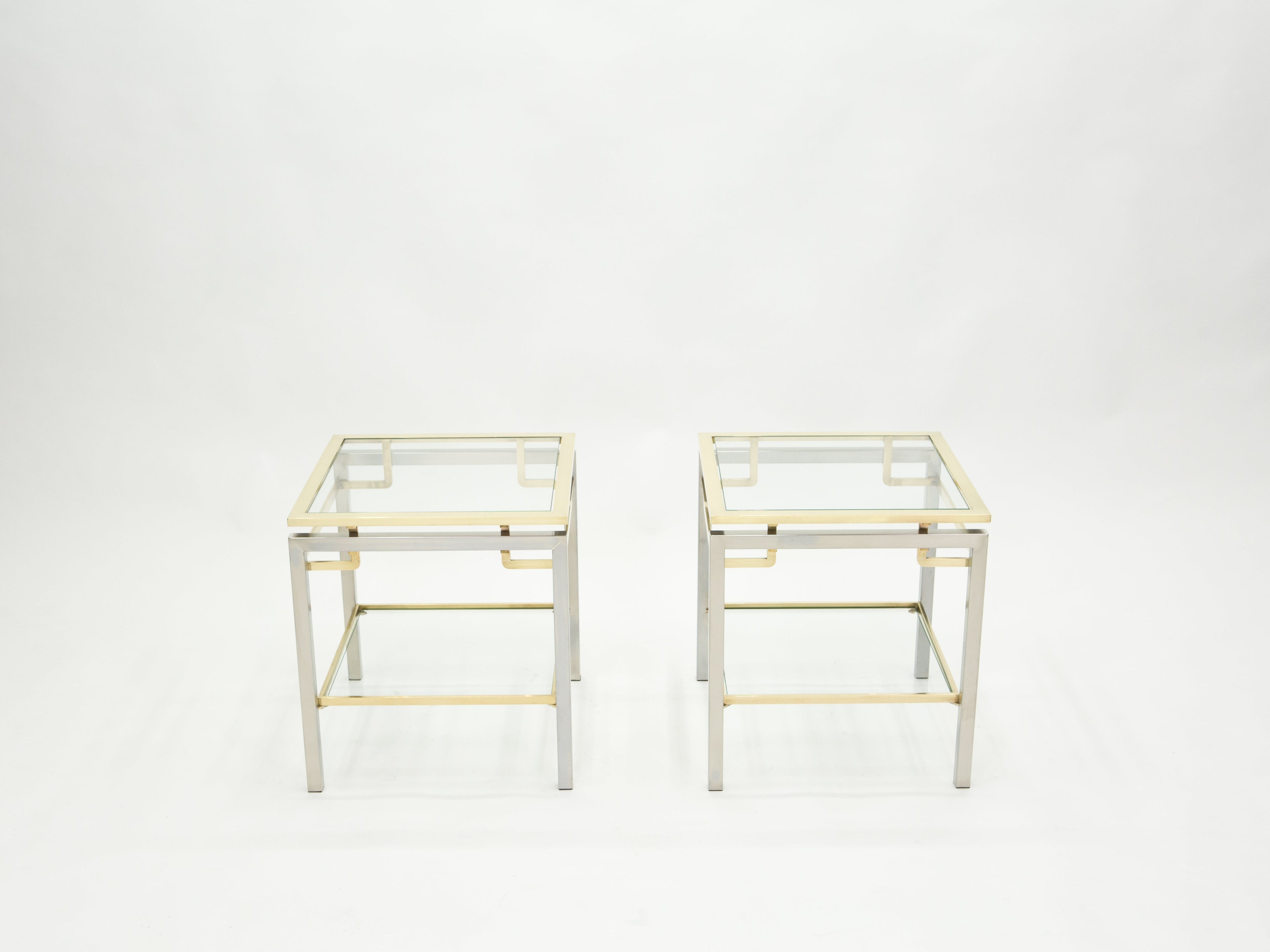 French Brass steel two-tier end tables Guy Lefevre for Maison Jansen 1970s