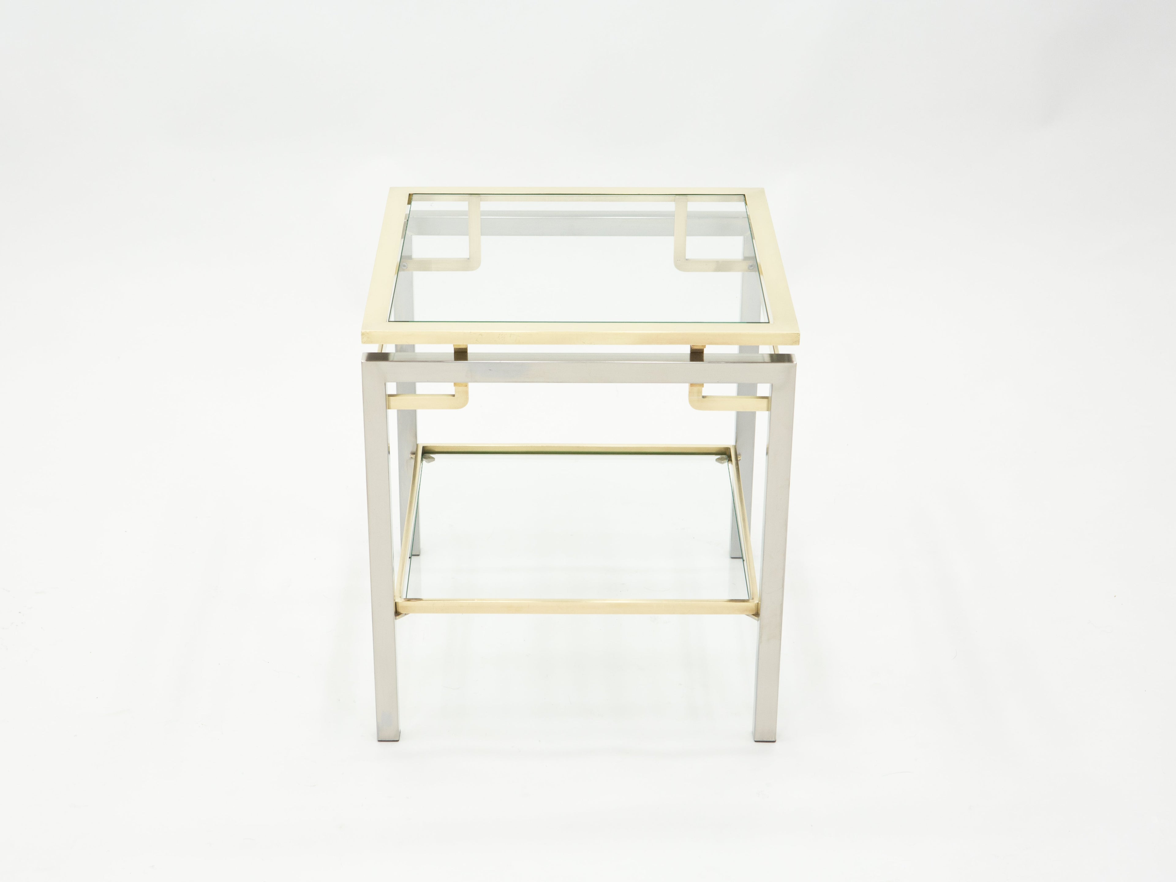 French Brass steel two-tier end tables Guy Lefevre for Maison Jansen 1970s