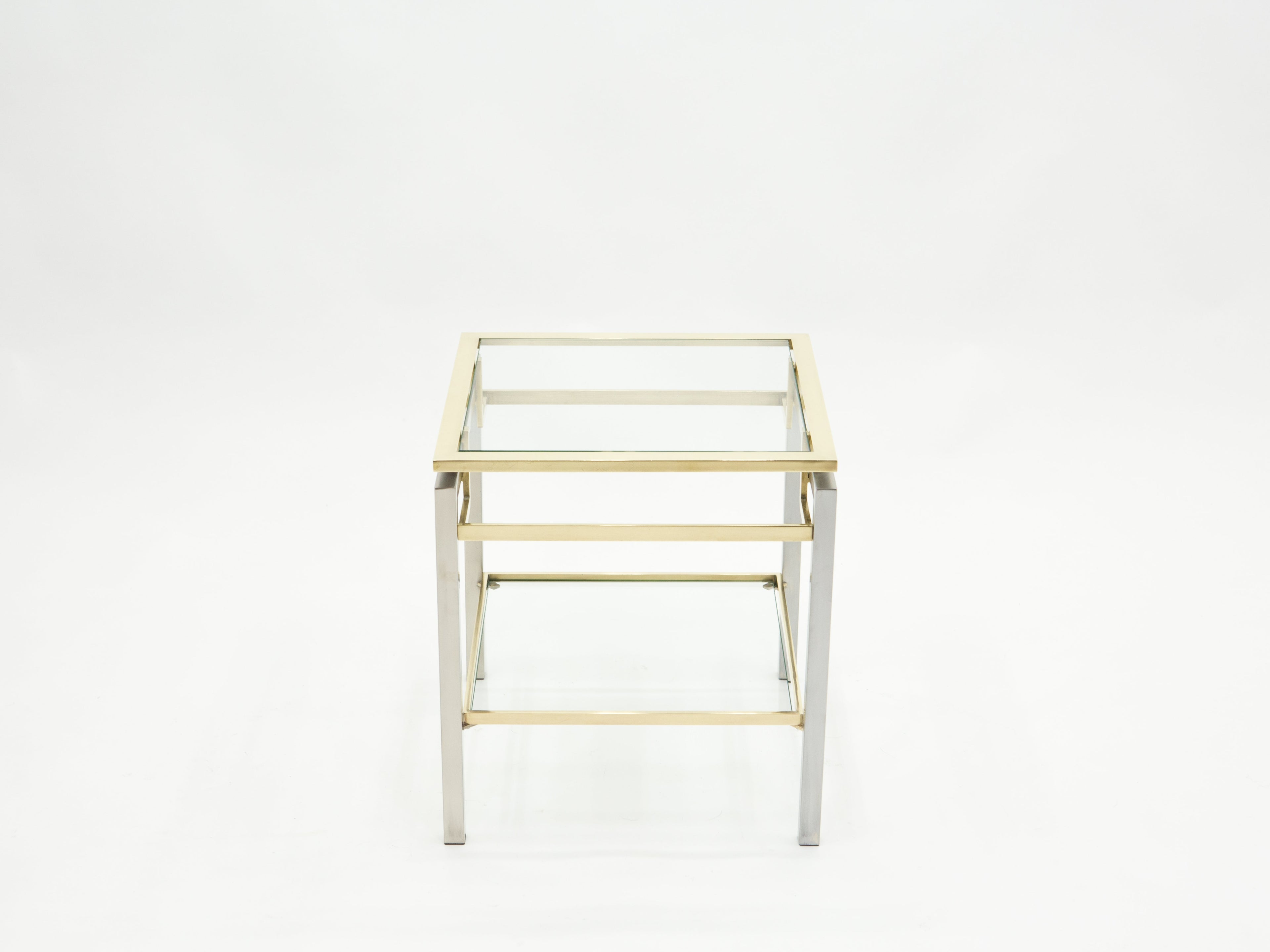 French Brass steel two-tier end tables Guy Lefevre for Maison Jansen 1970s