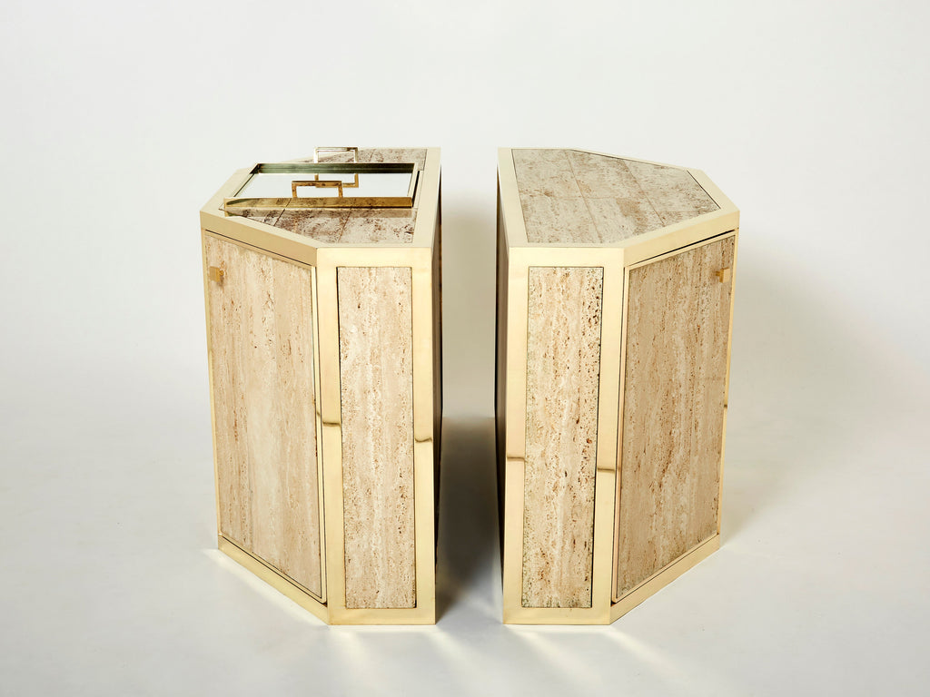 Pair of Alfredo Freda brass and travertine cabinets buffets 1975