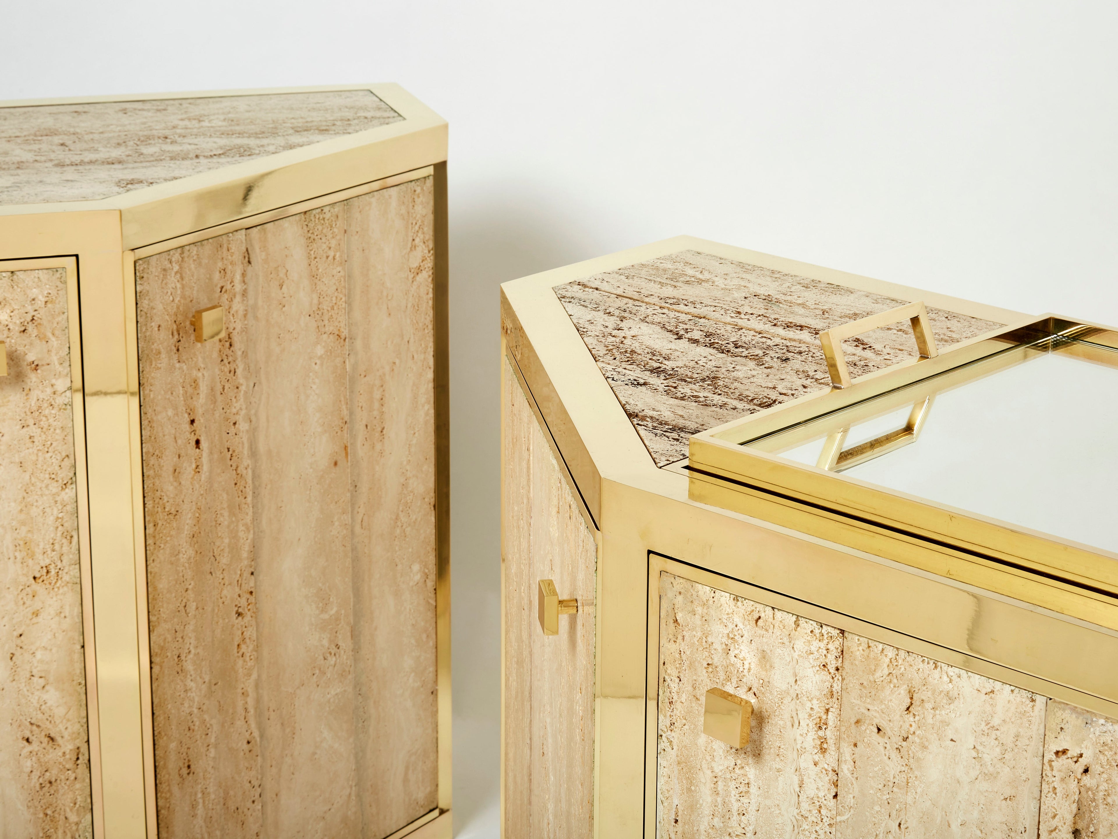 Pair of Alfredo Freda brass and travertine cabinets buffets 1975