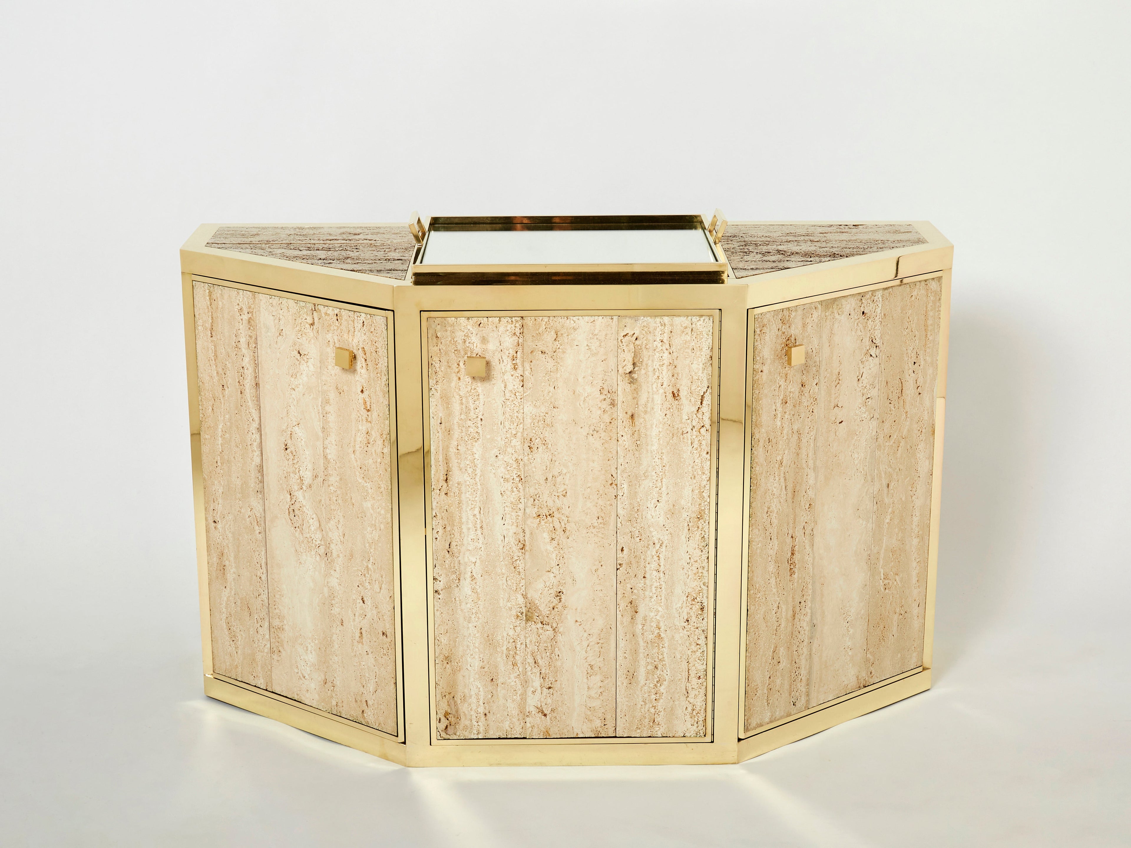 Pair of Alfredo Freda brass and travertine cabinets buffets 1975