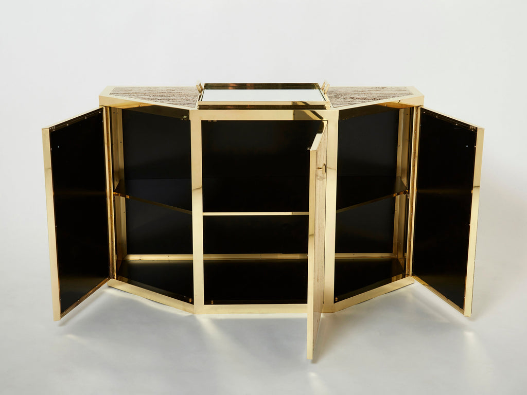 Pair of Alfredo Freda brass and travertine cabinets buffets 1975