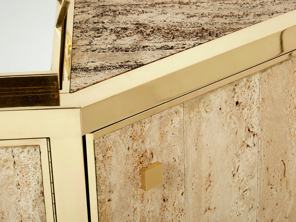 Pair of Alfredo Freda brass and travertine cabinets buffets 1975