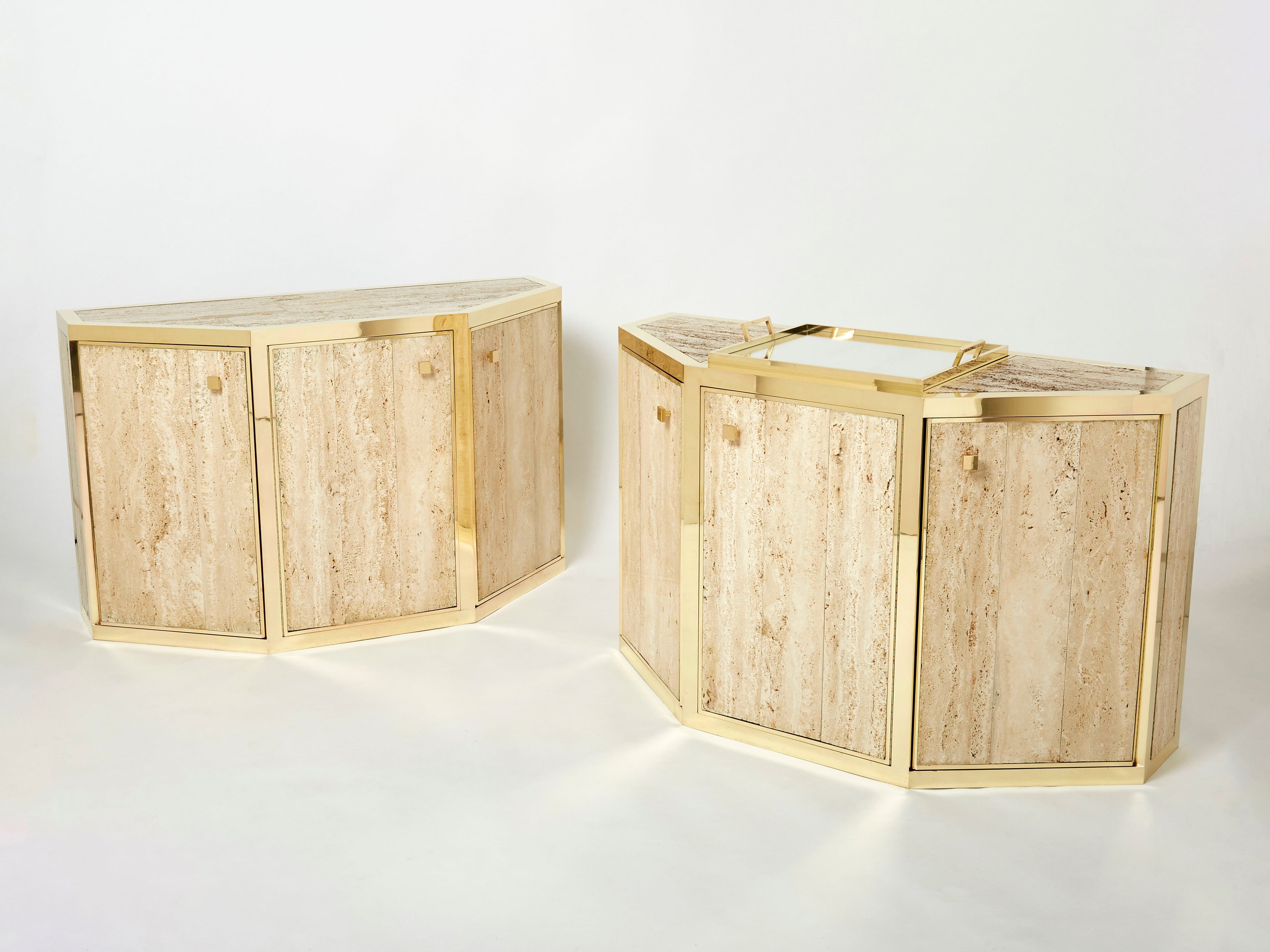 Pair of Alfredo Freda brass and travertine cabinets buffets 1975