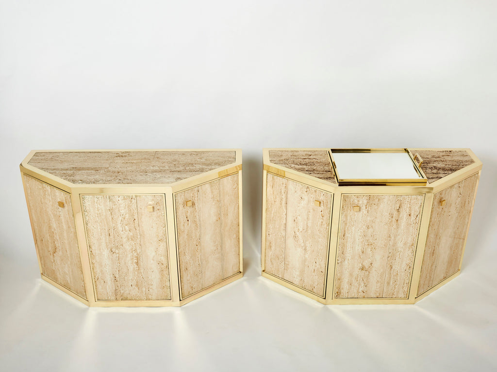 Pair of Alfredo Freda brass and travertine cabinets buffets 1975
