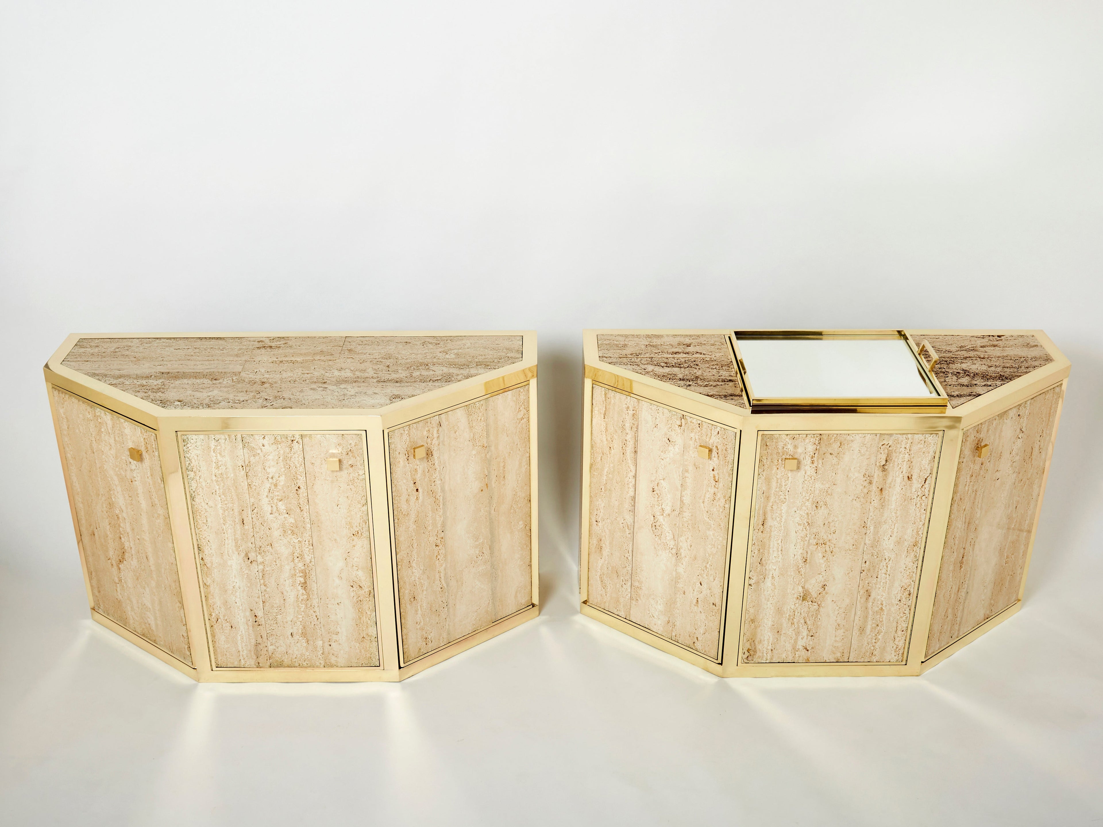 Pair of Alfredo Freda brass and travertine cabinets buffets 1975