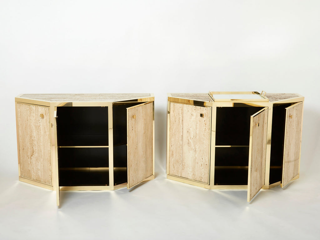 Pair of Alfredo Freda brass and travertine cabinets buffets 1975