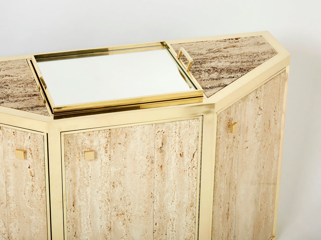 Pair of Alfredo Freda brass and travertine cabinets buffets 1975